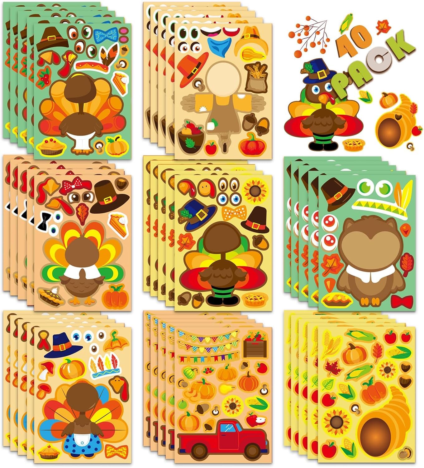 OTAITY 40 Sheets Thanksgiving Turkey Stickers for Kids | Create Your Own Turkey Faces