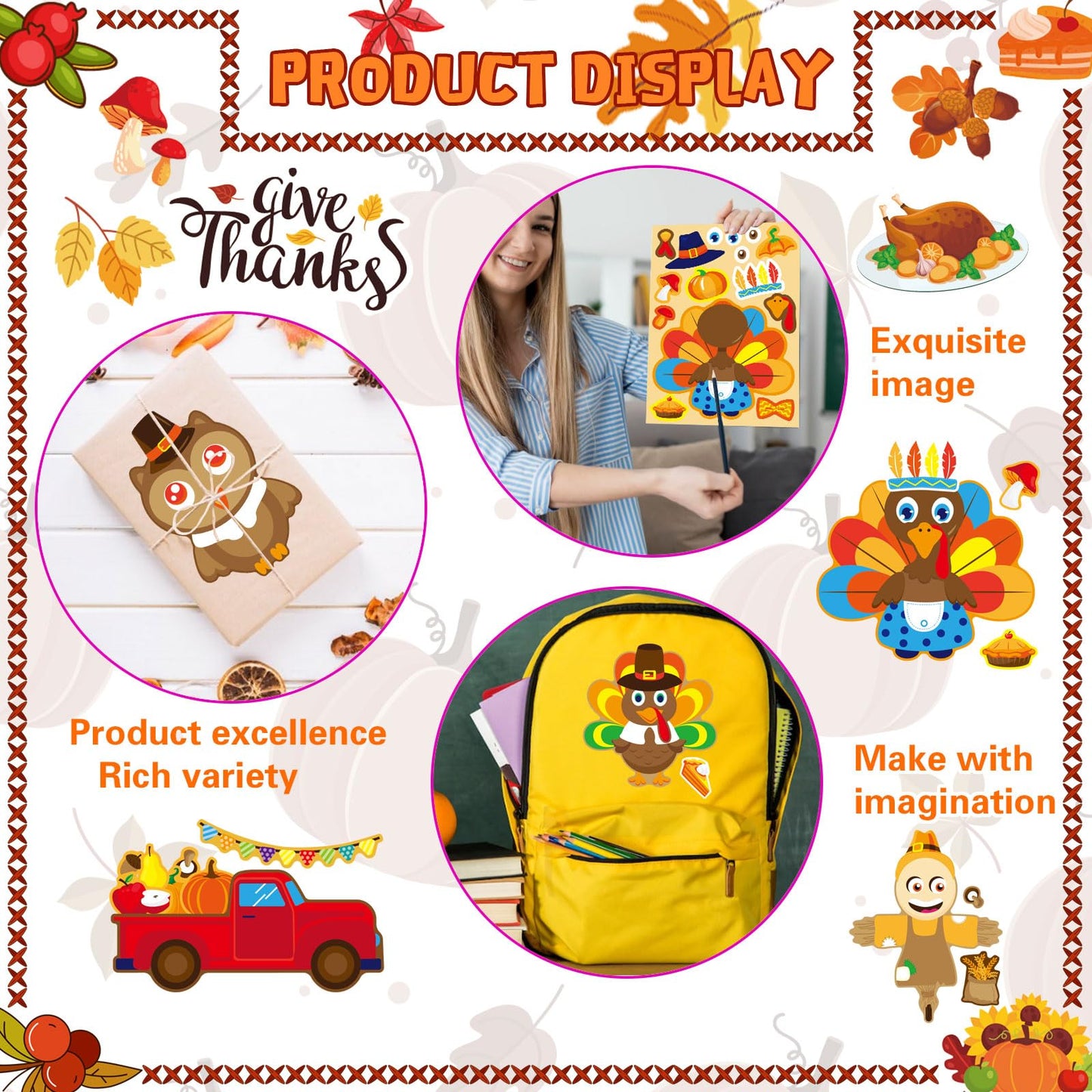 OTAITY 40 Sheets Thanksgiving Turkey Stickers for Kids | Create Your Own Turkey Faces