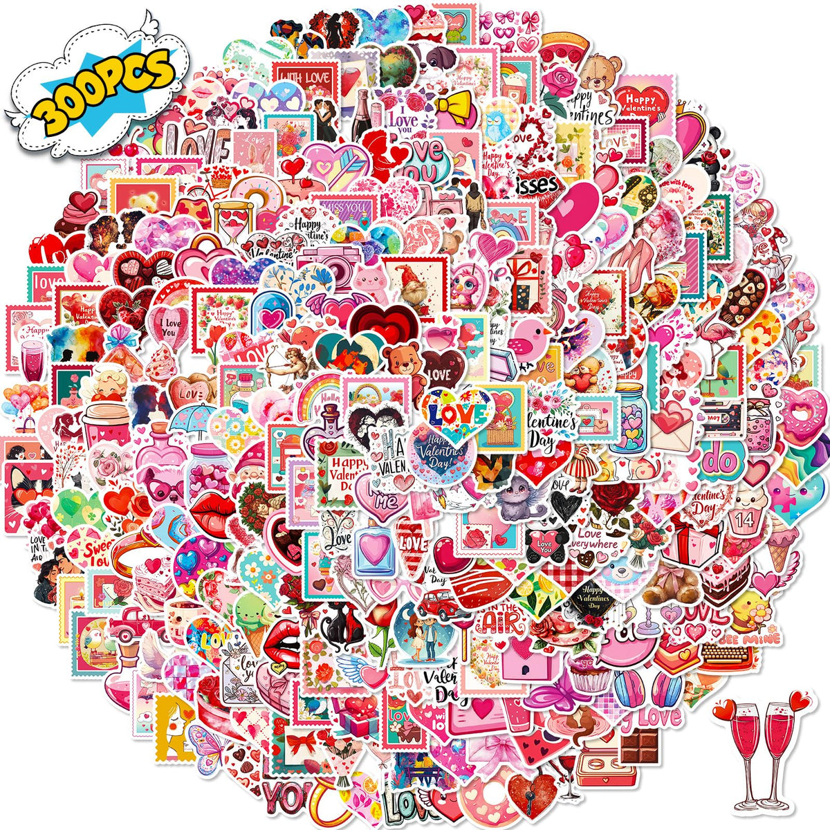 OTAITY 300 Pcs Valentine's Day Stickers - Waterproof Pink Heart Vinyl for Water Bottles, Laptops & Gifts