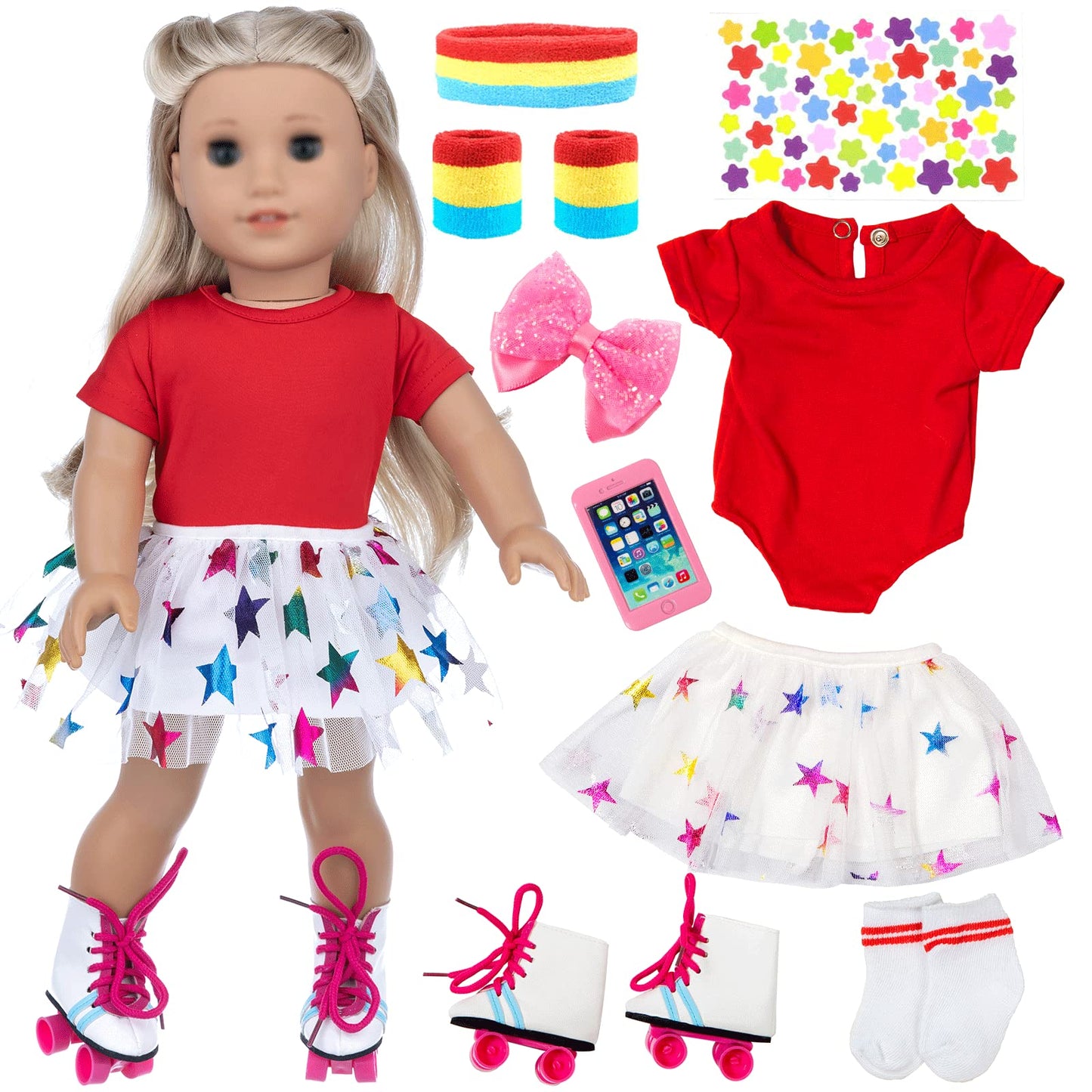 OTMOON 18 Inch Doll Travel Skating Sport Play Set – 7pc Outdoor Accessories (Doll Not Included)