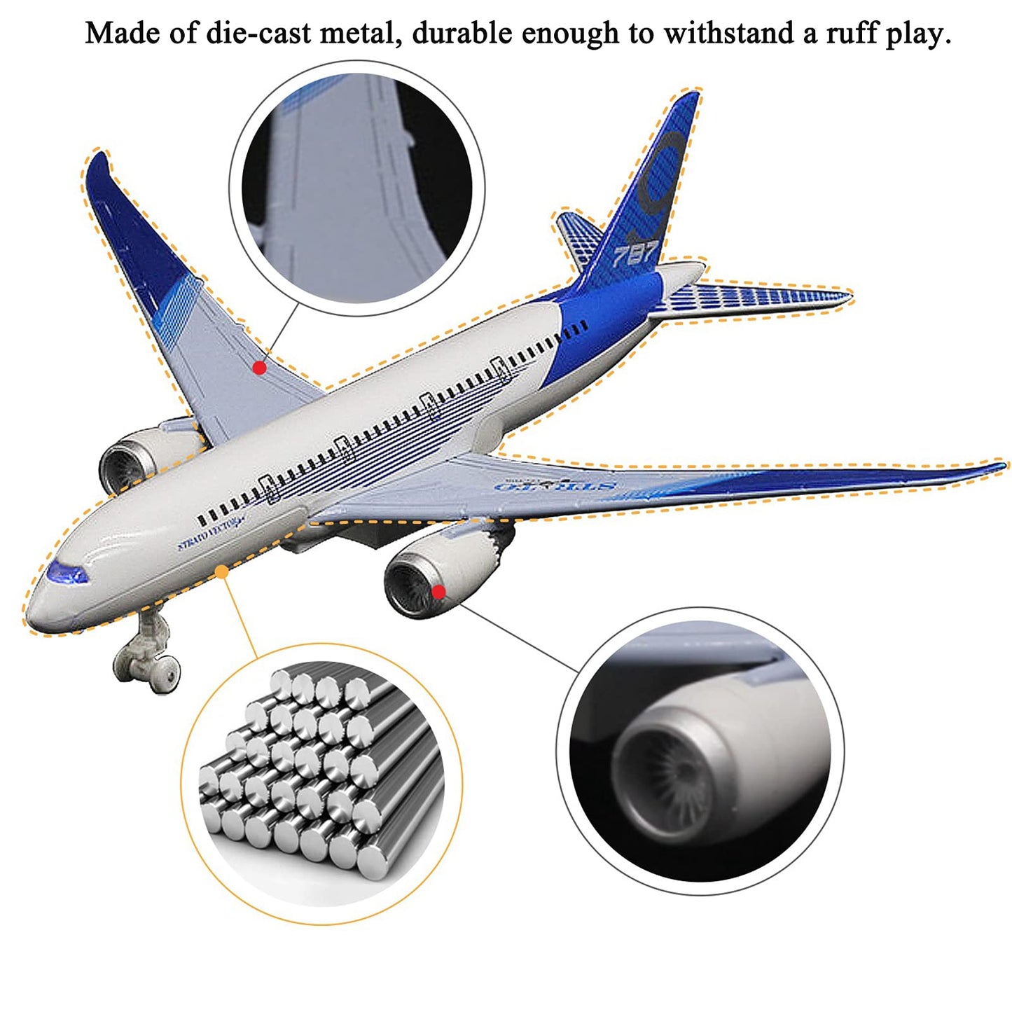 OTONOPI Airplane Toys: Bump‑and‑Go Die‑Cast 787 Blue Model Plane with Lights & Sounds