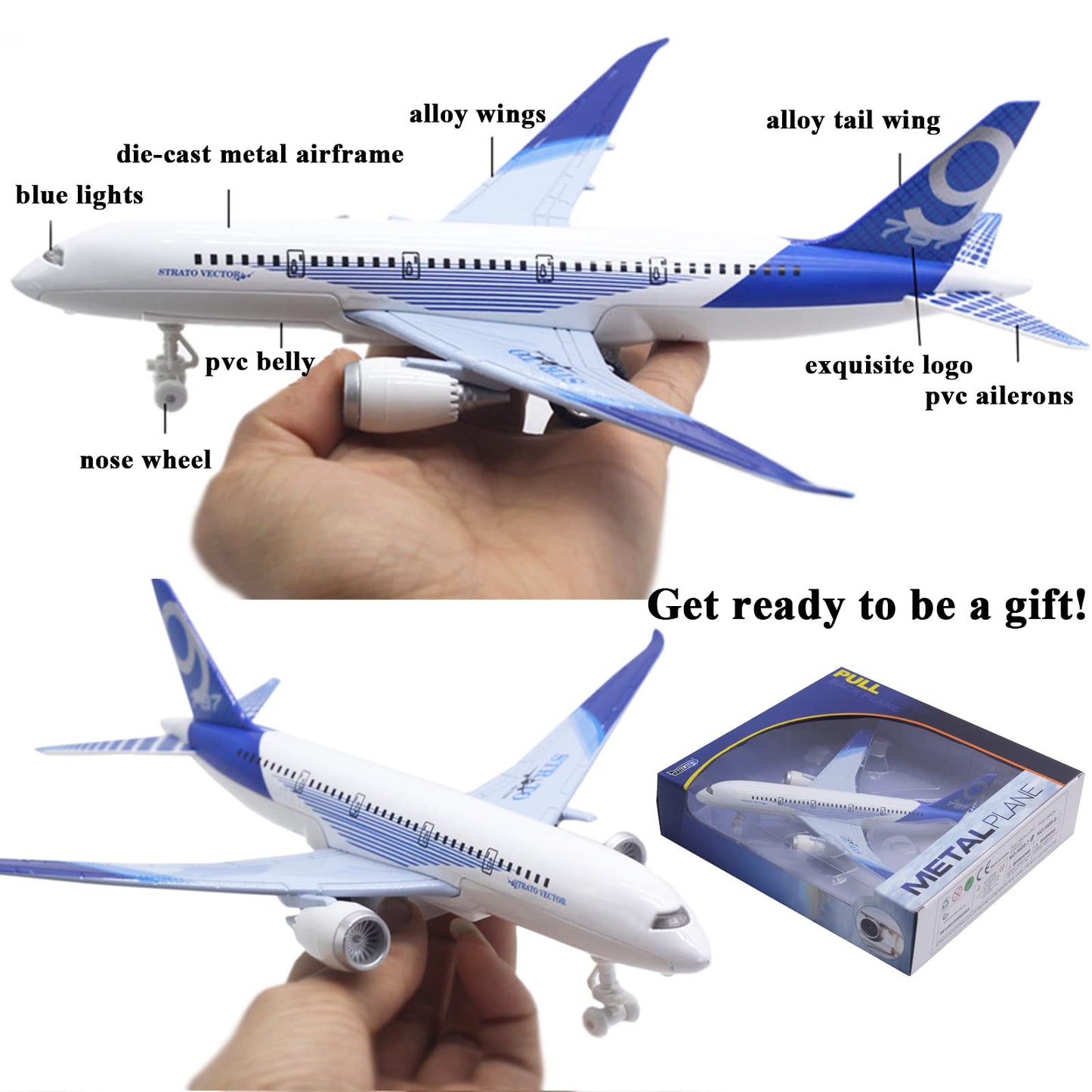 OTONOPI Airplane Toys: Bump‑and‑Go Die‑Cast 787 Blue Model Plane with Lights & Sounds