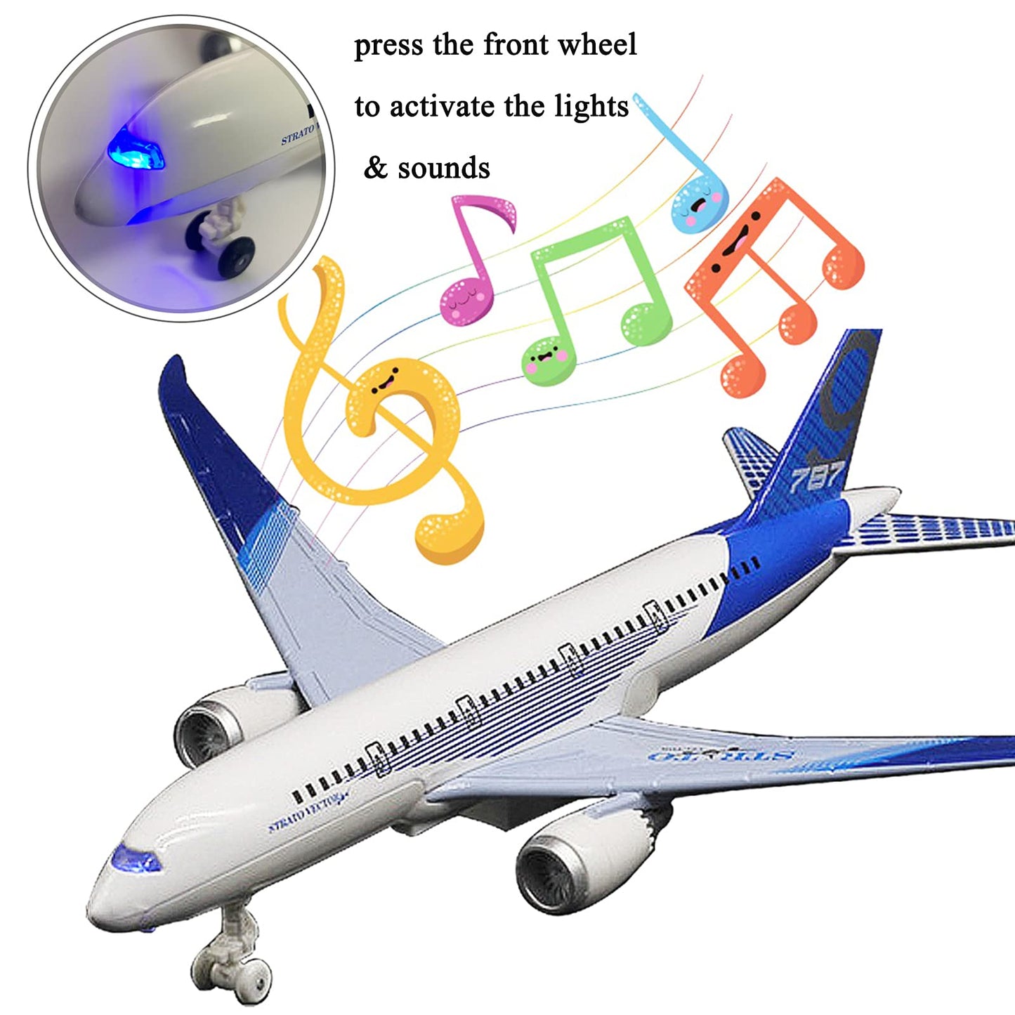 OTONOPI Airplane Toys: Bump‑and‑Go Die‑Cast 787 Blue Model Plane with Lights & Sounds