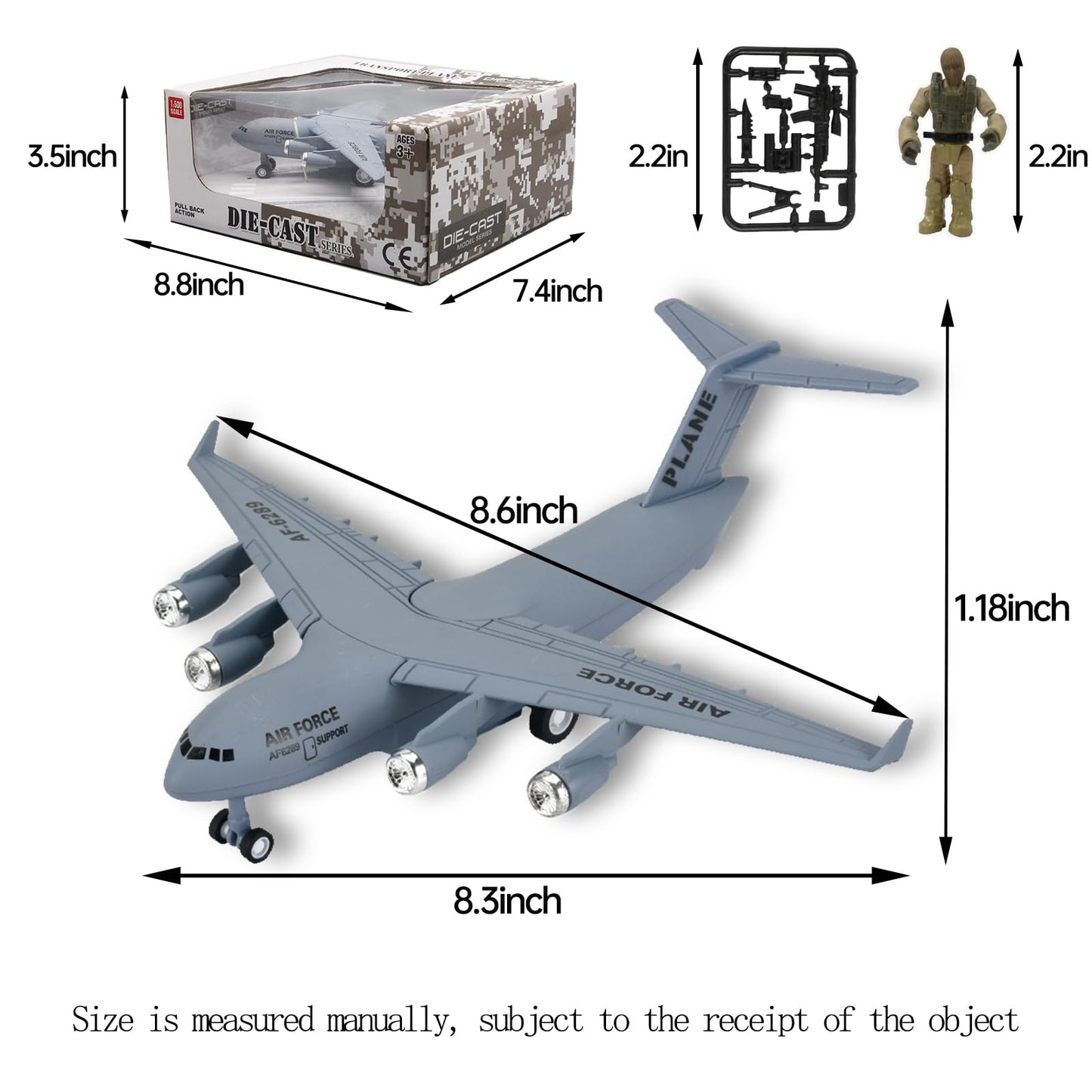 OTONOPI 8.3-Inch Diecast C-17 Plane Toy with Pull-Back, Lights & Sounds – Army Man Pack