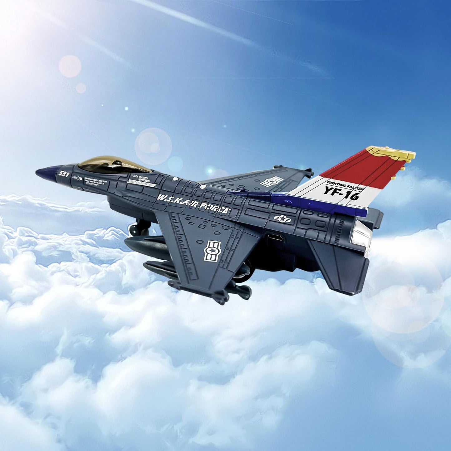 OTONOPI F-16 Fighter Jet Toy – Diecast Pull-Back with Lights & Spray (Blue)