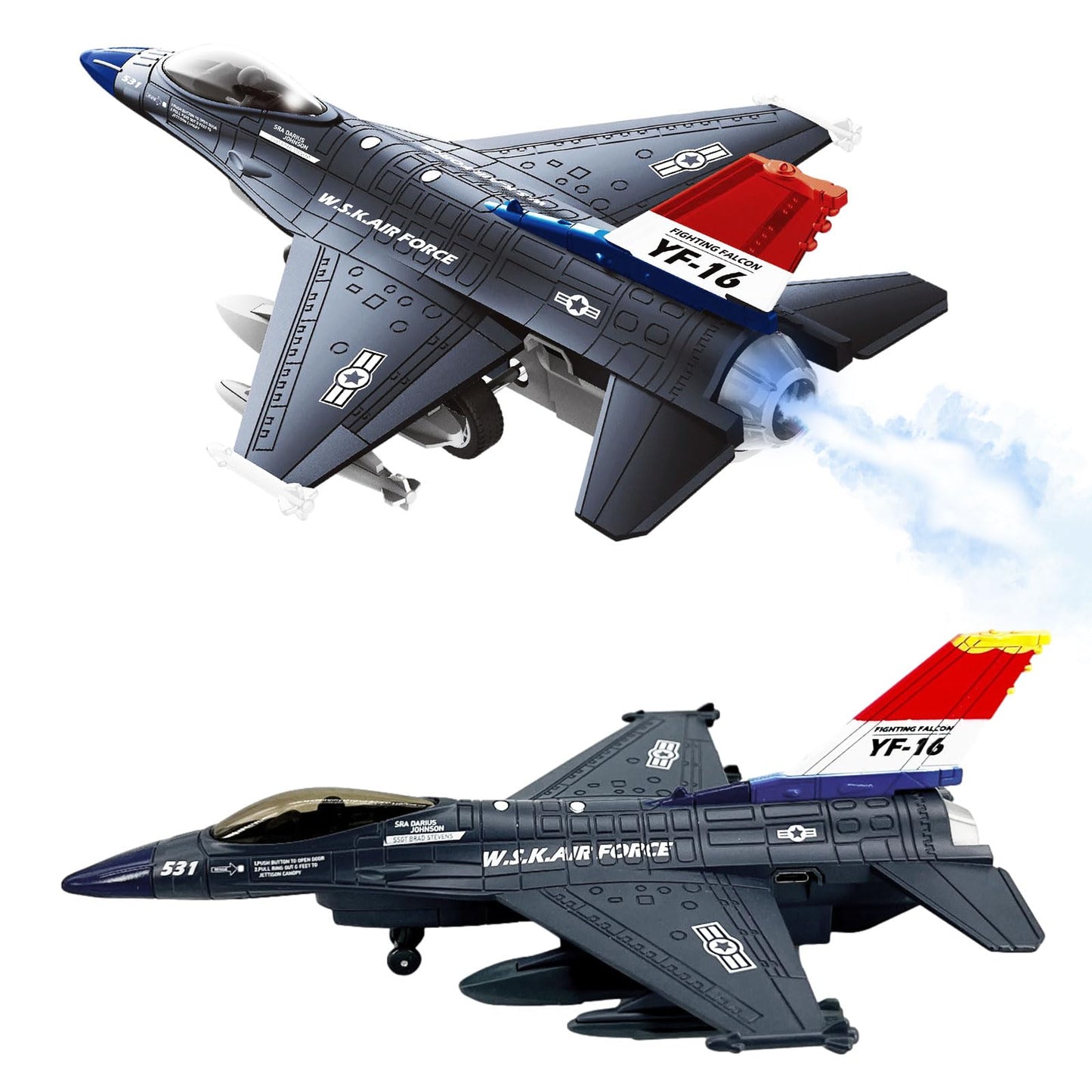OTONOPI F-16 Fighter Jet Toy – Diecast Pull-Back with Lights & Spray (Blue)