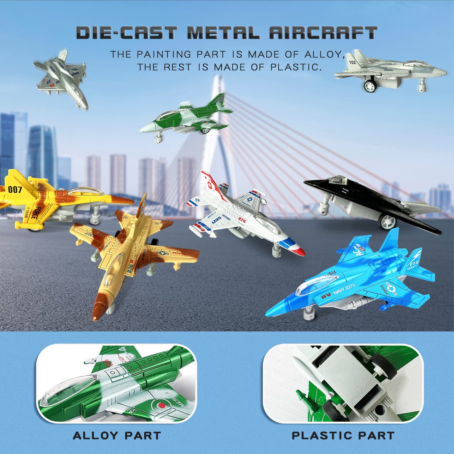 OTONOPI 8-in-1 Fighter Jet Die-Cast Airplane Toy Set with Lights & Sounds