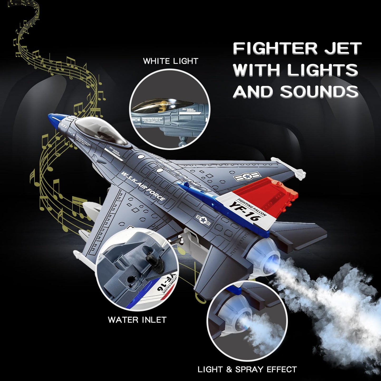OTONOPI F-16 Fighter Jet Toy – Diecast Pull-Back with Lights & Spray (Blue)