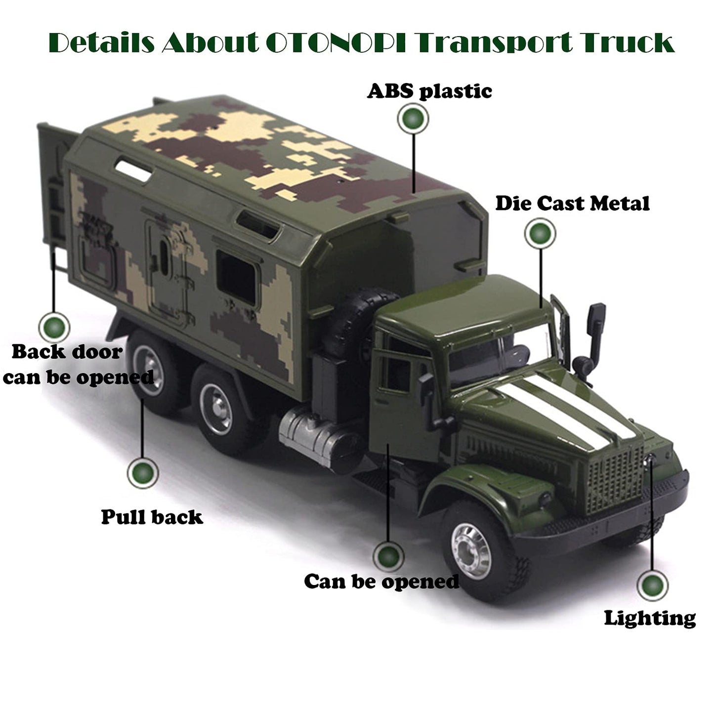 OTONOPI Military Die-Cast Truck — Pull-Back Armored Vehicle with Lights & Sounds for Kids