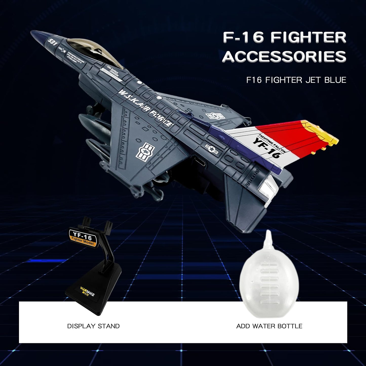 OTONOPI F-16 Fighter Jet Toy – Diecast Pull-Back with Lights & Spray (Blue)