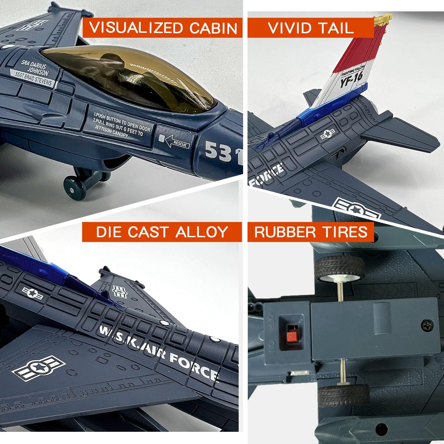 OTONOPI F-16 Fighter Jet Toy – Diecast Pull-Back with Lights & Spray (Blue)