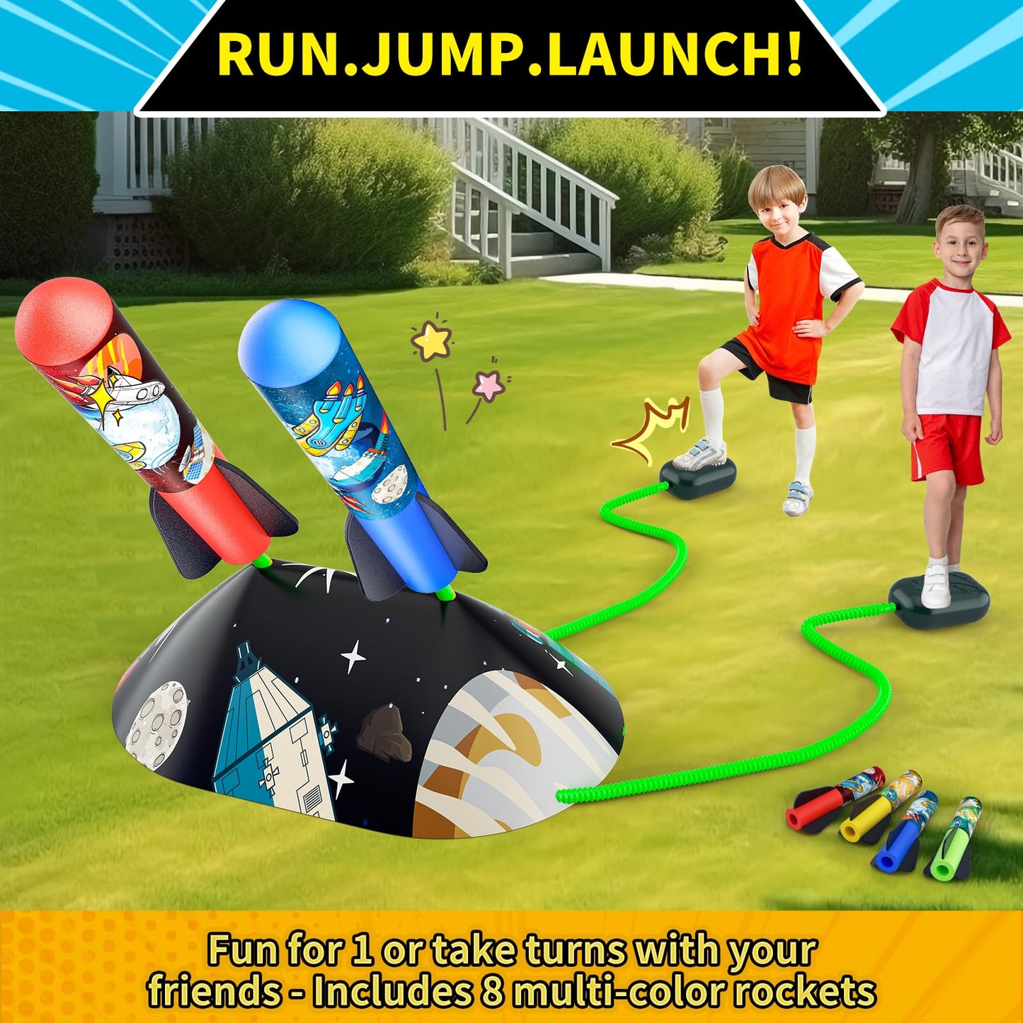 Otoseth Multi-Color Rocket Launcher Set for Kids – 10 Foam Rockets, 100 ft Reach