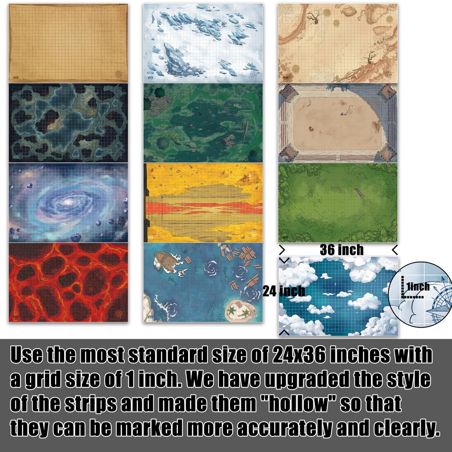 oTTRPGo 6 Pack DND Map Battle Mats – 12 Terrain 24x36, 1-Inch Grids, Dry Erase