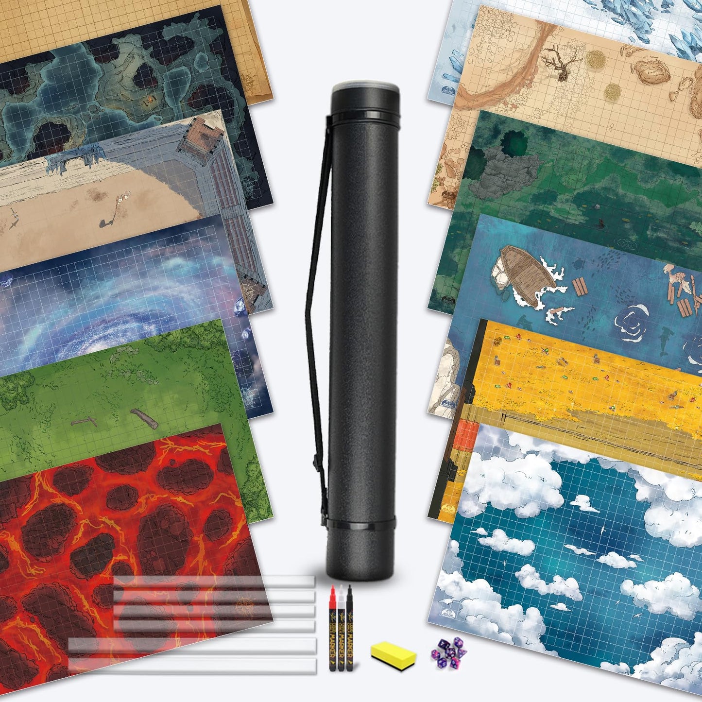 oTTRPGo 6 Pack DND Map Battle Mats – 12 Terrain 24x36, 1-Inch Grids, Dry Erase