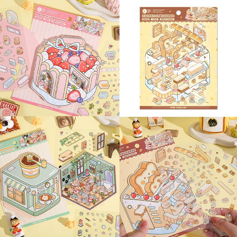 OTYSLIU | 4 Sets DIY 3D Sticker Scenes Book — Dessert Shop, Bakery, Cafe & Clothing Store Themes