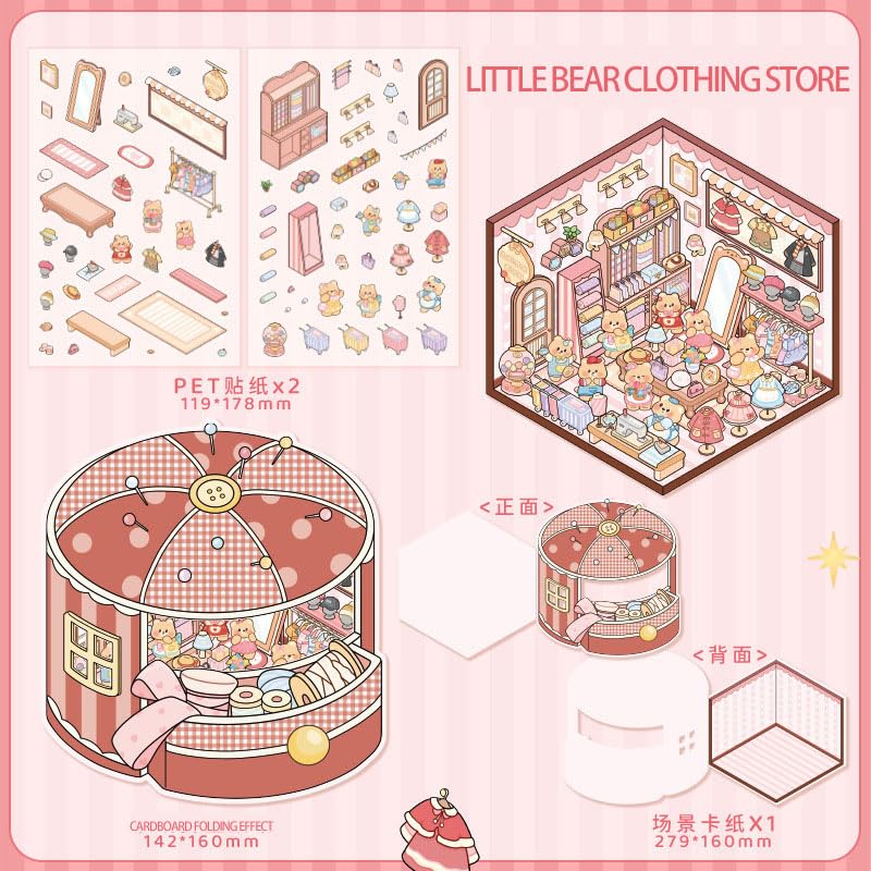 OTYSLIU | 4 Sets DIY 3D Sticker Scenes Book — Dessert Shop, Bakery, Cafe & Clothing Store Themes