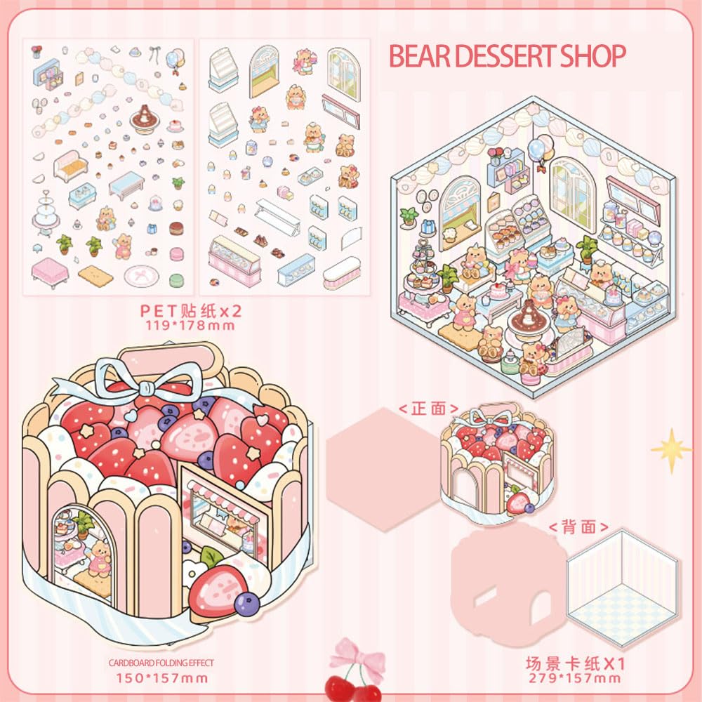 OTYSLIU | 4 Sets DIY 3D Sticker Scenes Book — Dessert Shop, Bakery, Cafe & Clothing Store Themes
