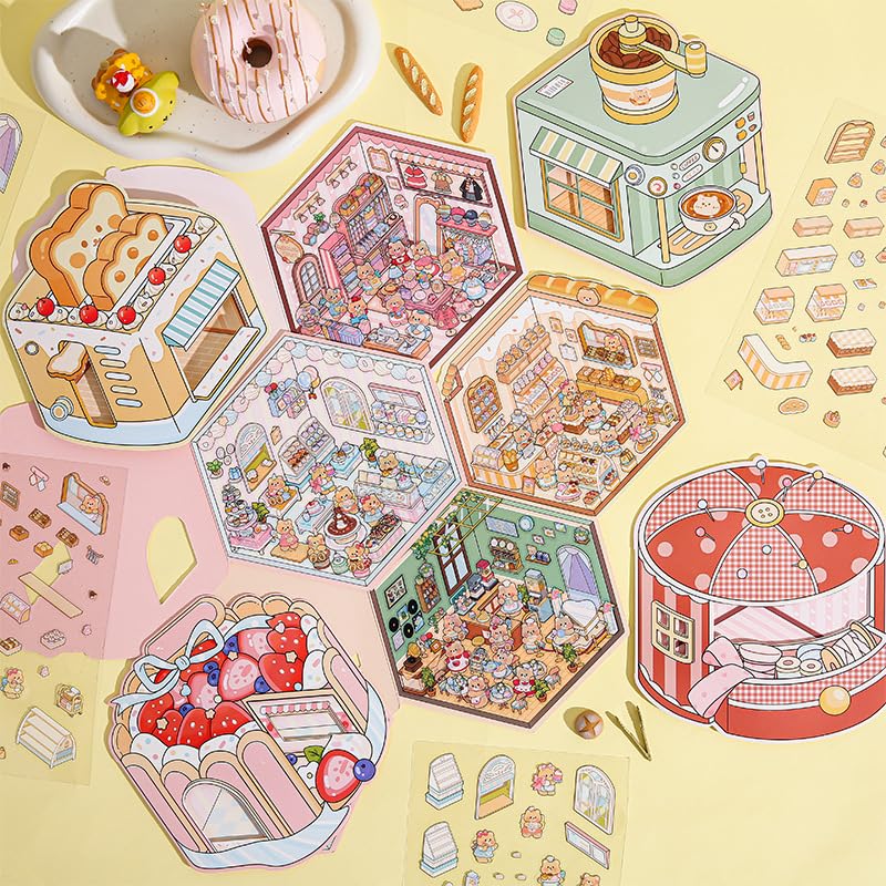 OTYSLIU | 4 Sets DIY 3D Sticker Scenes Book — Dessert Shop, Bakery, Cafe & Clothing Store Themes