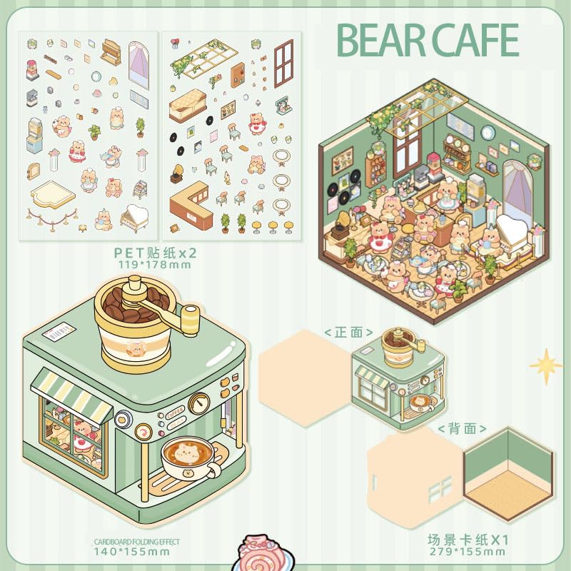 OTYSLIU | 4 Sets DIY 3D Sticker Scenes Book — Dessert Shop, Bakery, Cafe & Clothing Store Themes