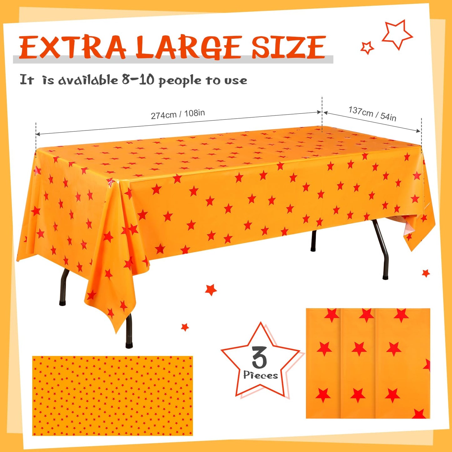 Oudain Anime Theme Tablecloth Set – 3pc, Yellow & Red Stars, 108x54 in
