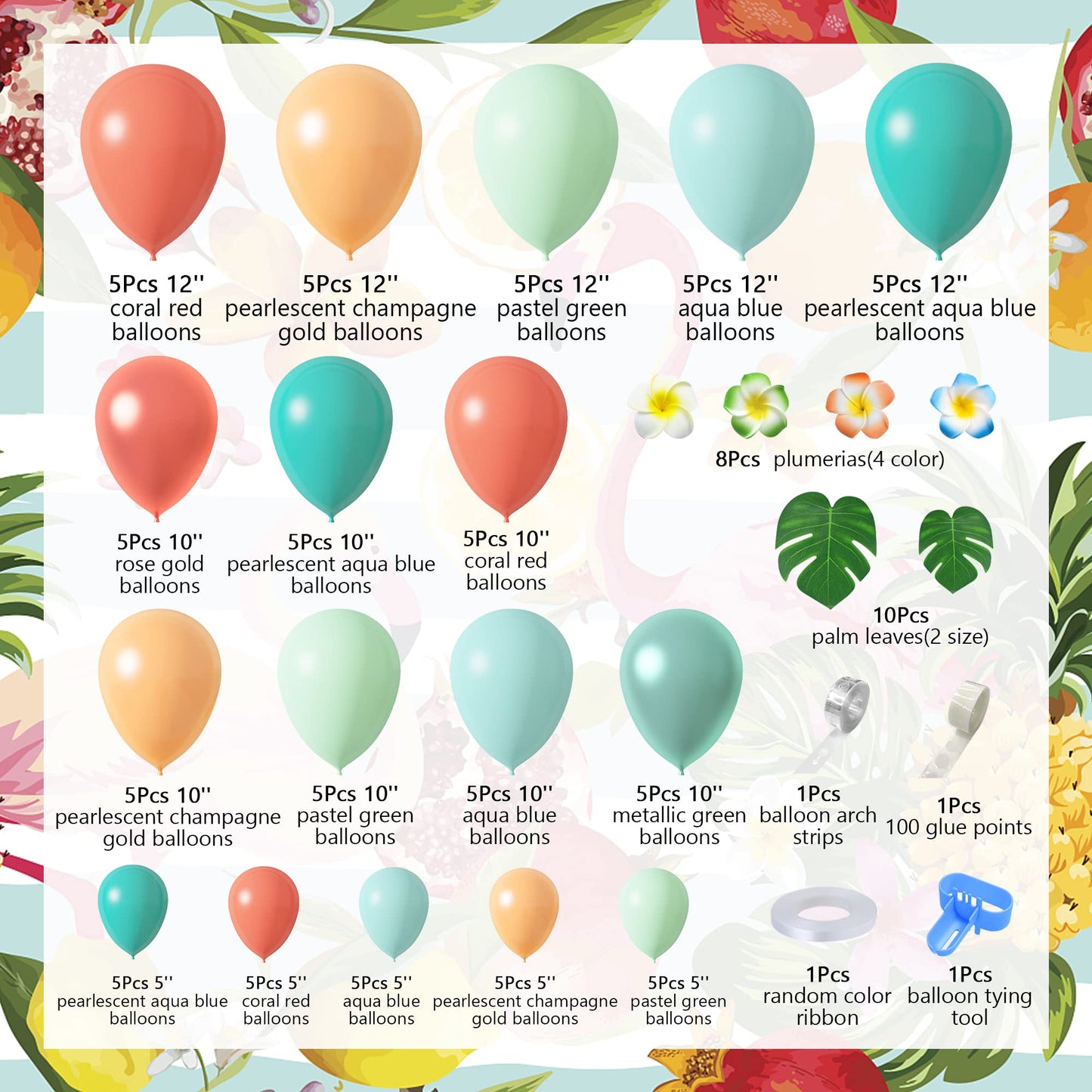 Ouddy Party Tropical Balloon Garland Arch Kit – 85pcs 12in/10in/5in Balloons with Palm Leaves & Plumeria for Luau & Hawaii Parties
