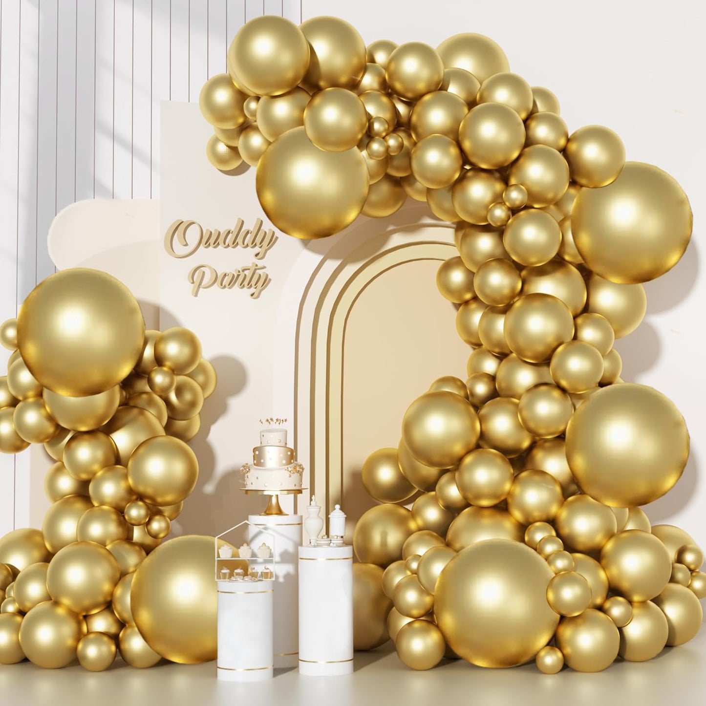 Ouddy Party 129Pcs Metallic Gold Balloon Kit – 18in/12in/10in/5in Latex with Arch Strip & Ribbon