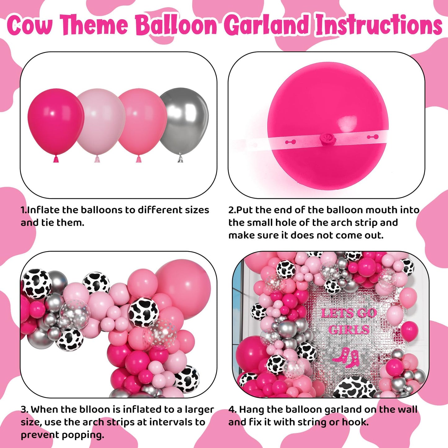 Ouddy Party 170Pcs Cowgirl Balloons Arch Kit – Hot Pink & Silver Cow Print, Western Party Decor