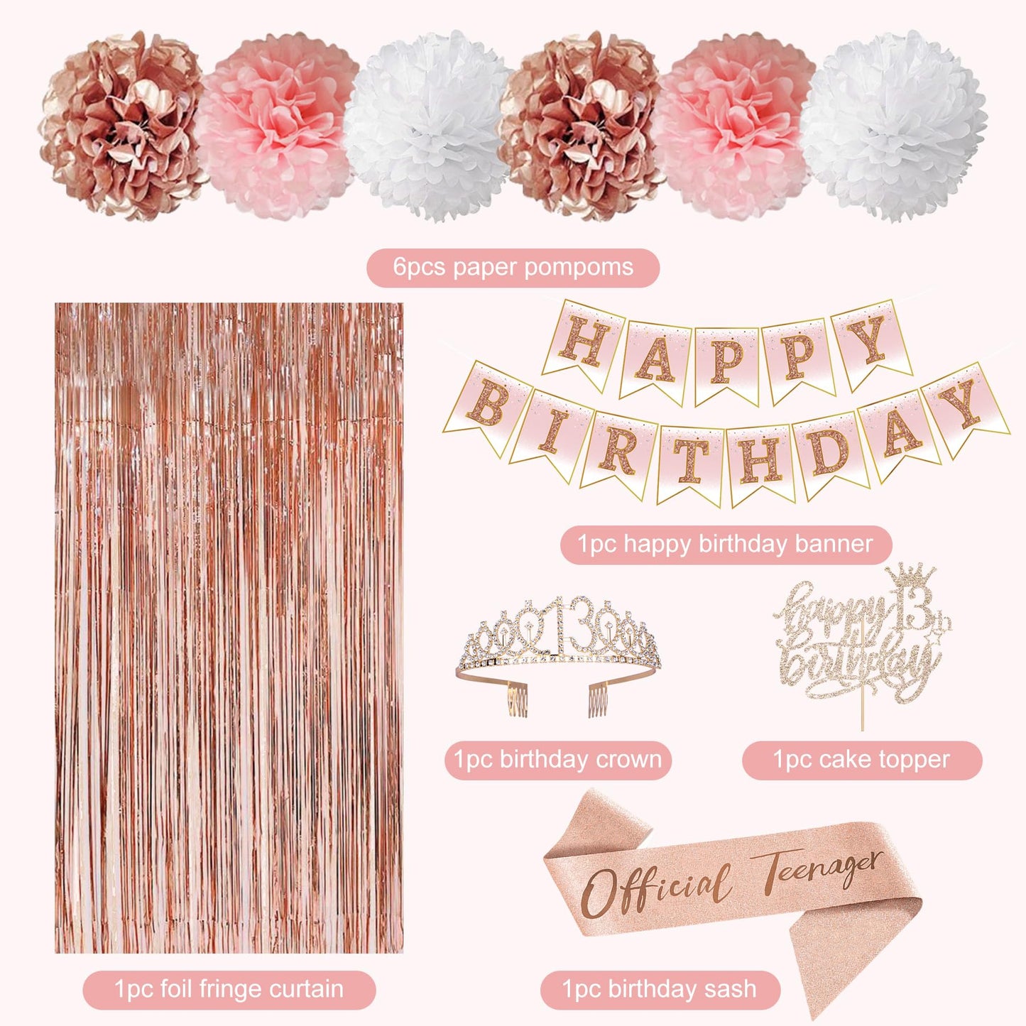 Ouddy Party 13th Birthday Decorations for Girls – Rose Gold Teenager Set