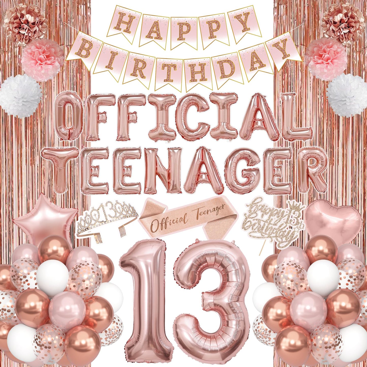Ouddy Party 13th Birthday Decorations for Girls – Rose Gold Teenager Set