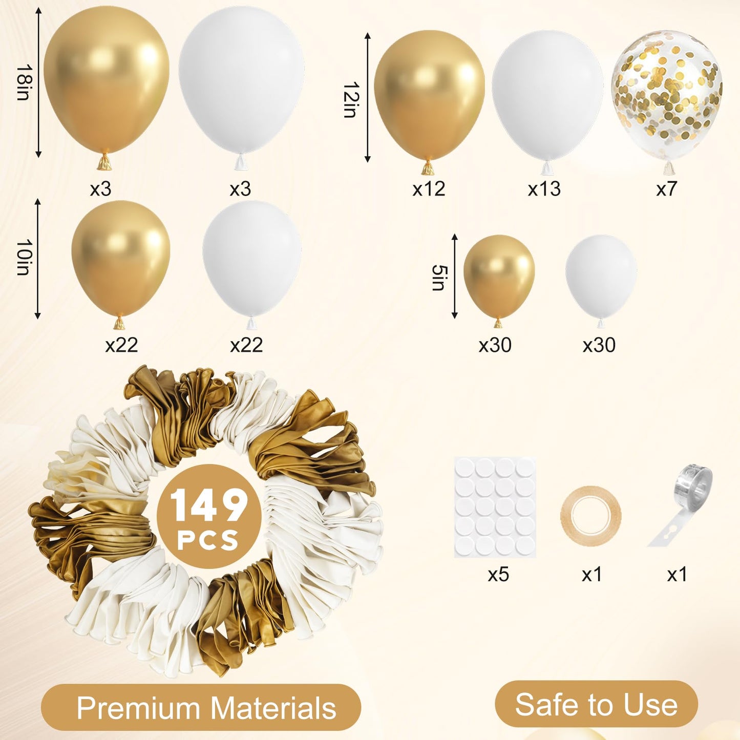 Ouddy Party 149Pcs White & Gold Balloon Arch Garland Kit – 18/12/10/5in