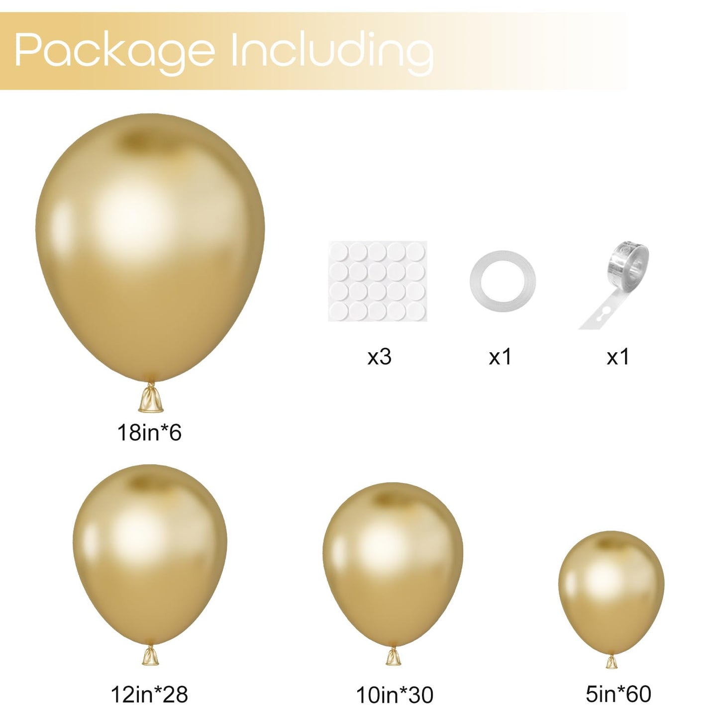 Ouddy Party 129Pcs Metallic Gold Balloon Kit – 18in/12in/10in/5in Latex with Arch Strip & Ribbon