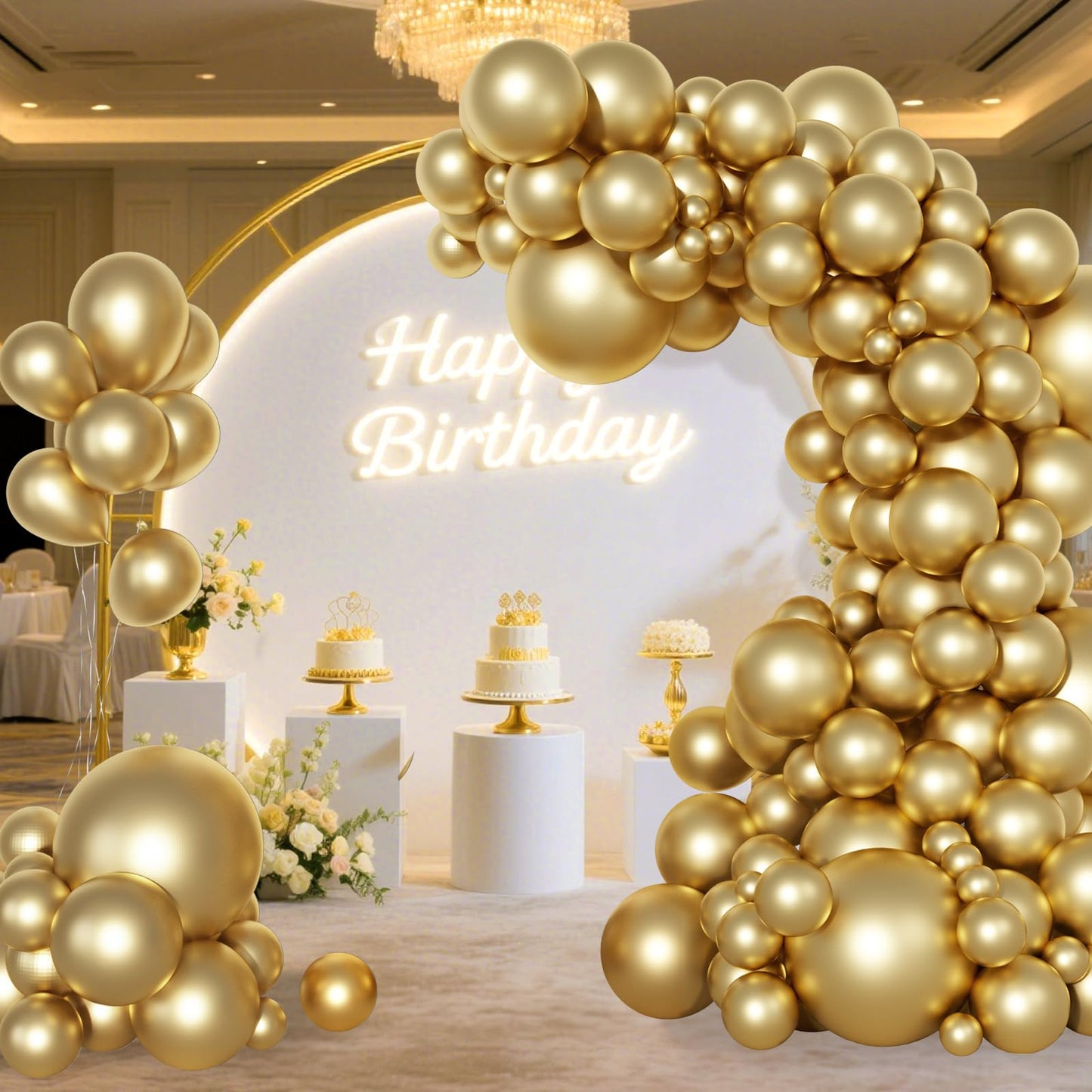 Ouddy Party 129Pcs Metallic Gold Balloon Kit – 18in/12in/10in/5in Latex with Arch Strip & Ribbon