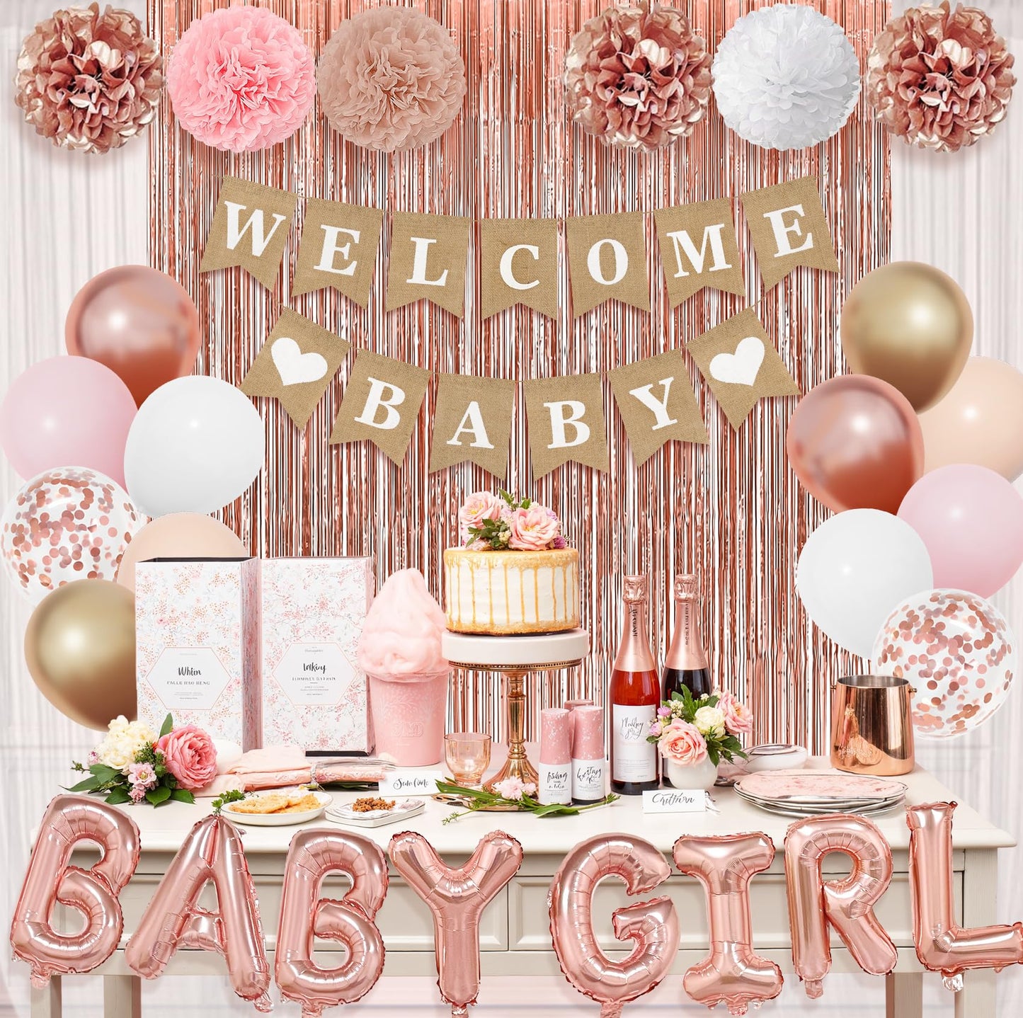 Ouddy Party Rose Gold Baby Shower Decorations – Banner, Balloons & Fringes