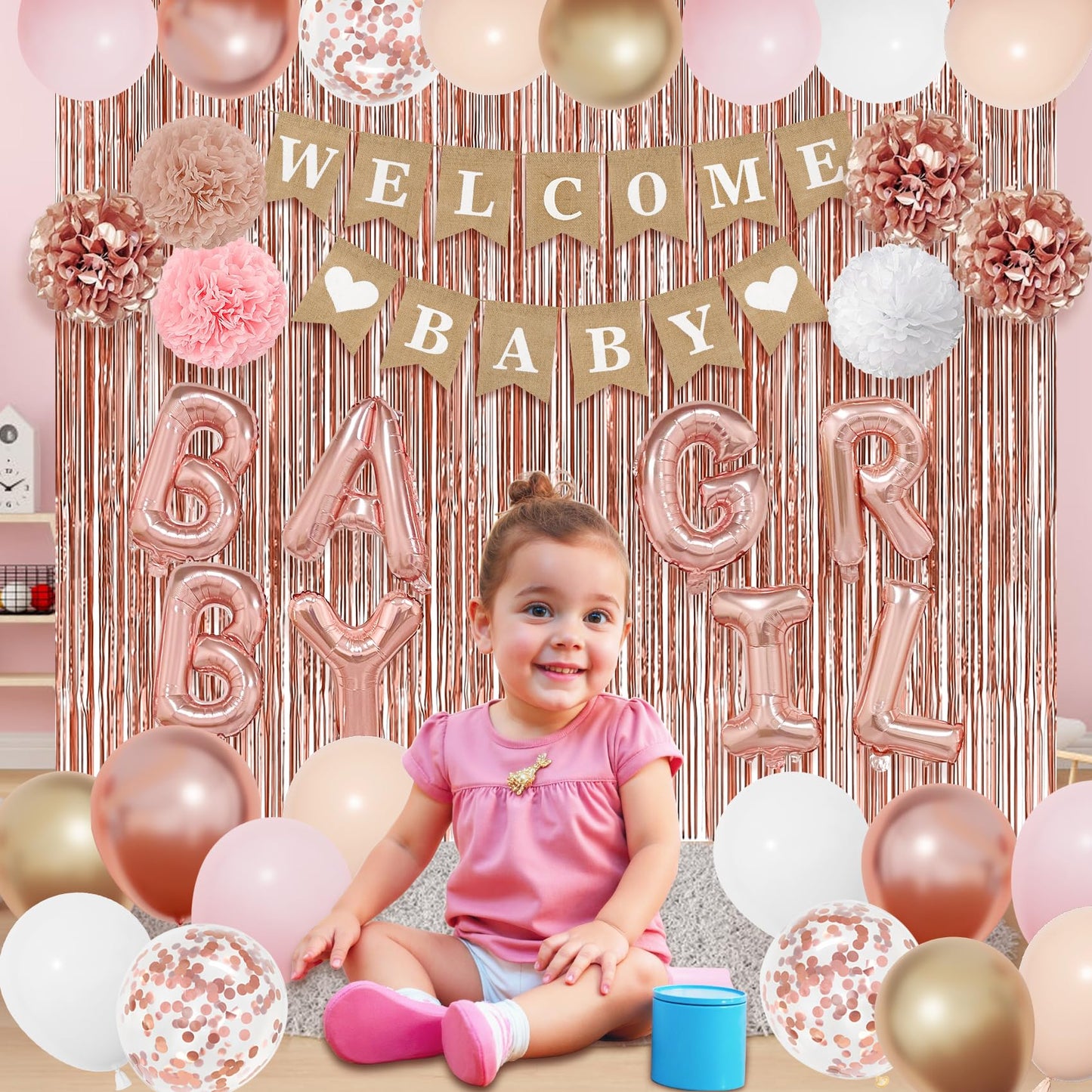 Ouddy Party Rose Gold Baby Shower Decorations – Banner, Balloons & Fringes