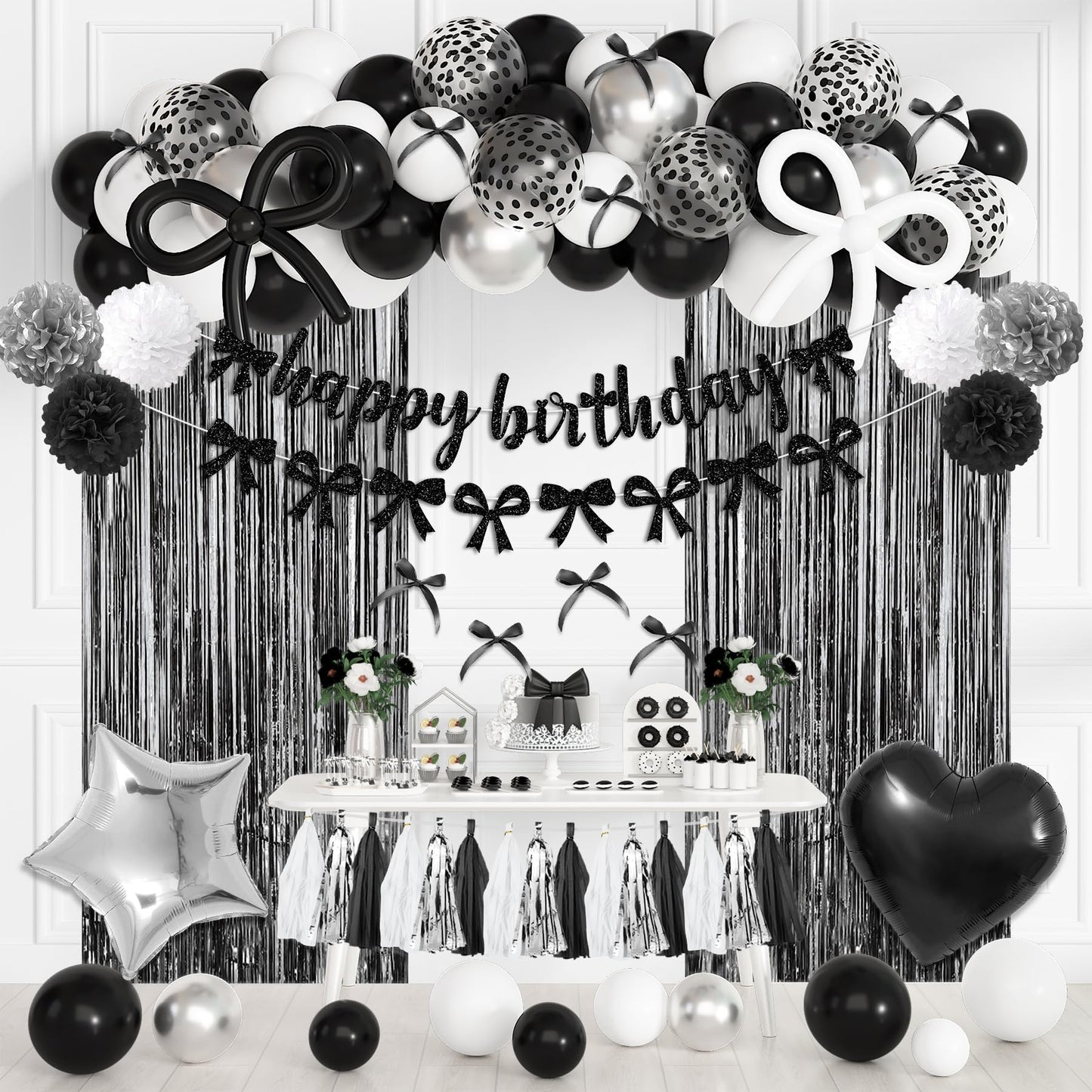 Ouddy Party Black Bow Birthday Decorations – Coquette Black & White Theme Kit