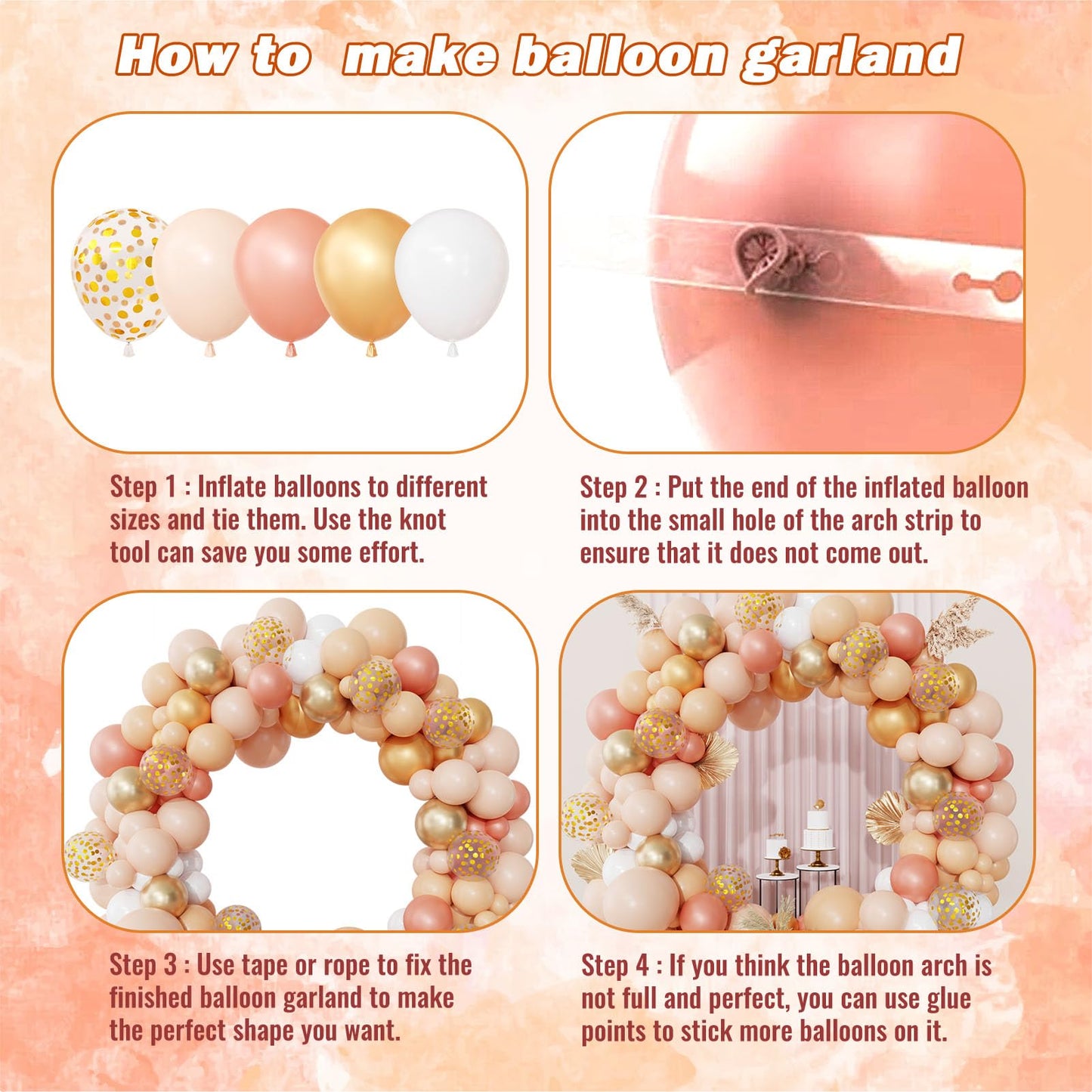 Ouddy Party Blush Balloons Arch Kit — 12in/10in/5in Latex Balloons in Peach & Rose Gold for Weddings & Parties