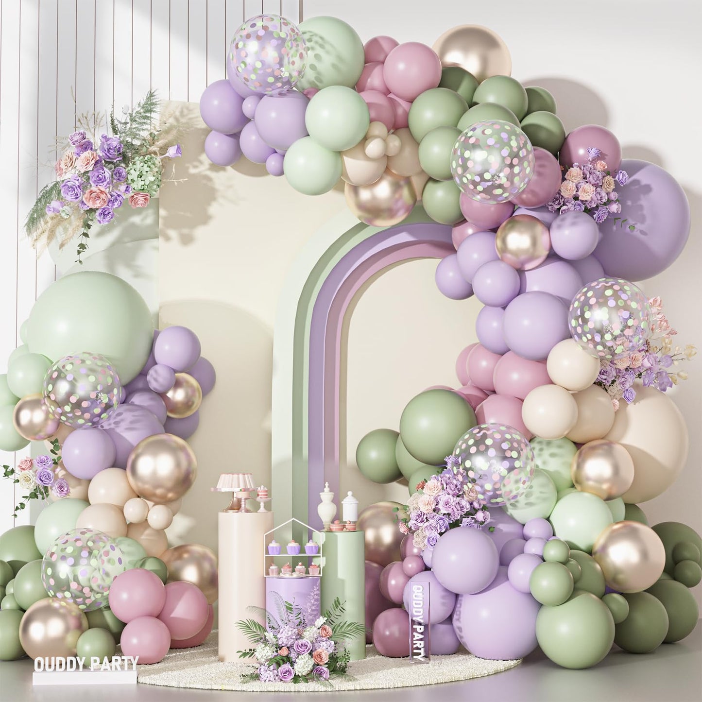 Ouddy Party Dusty Green Lavender Pink Balloons Garland Arch Kit – Pastel Latex Confetti