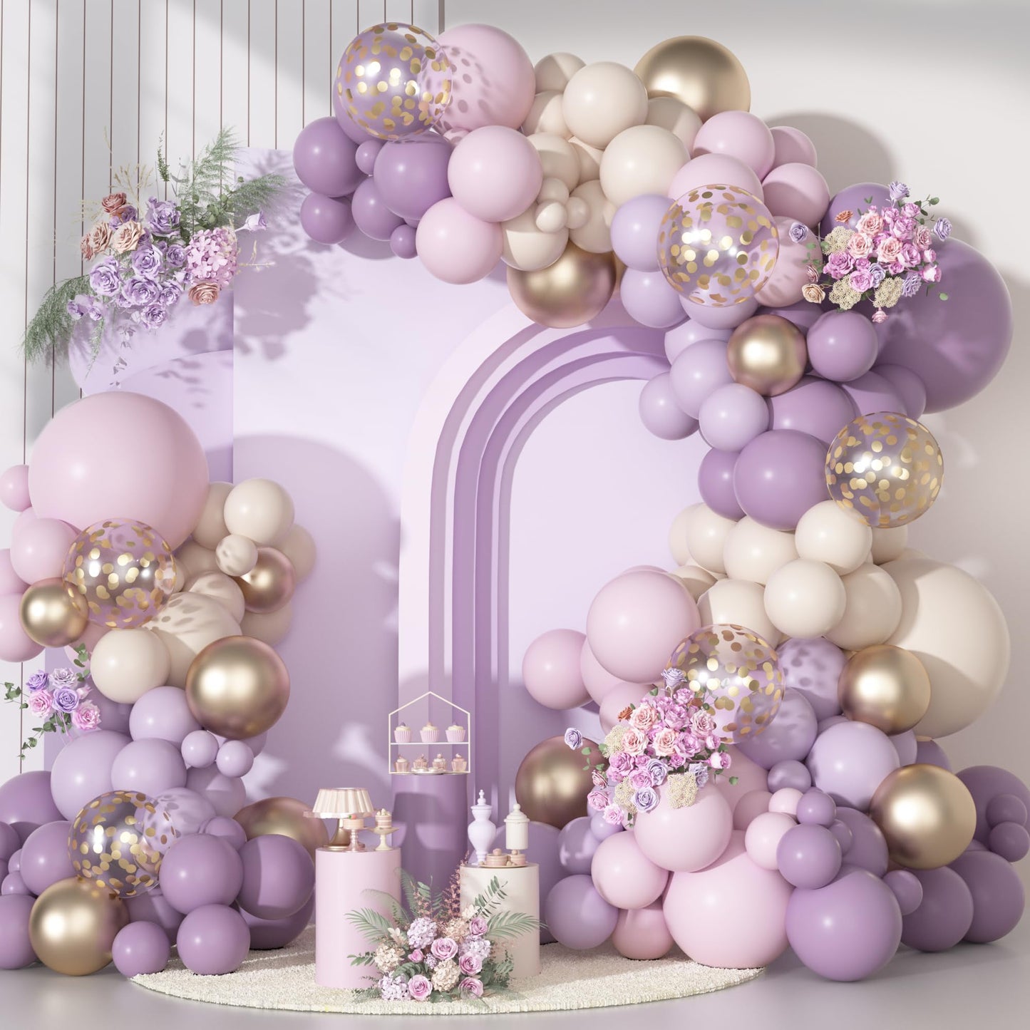 Ouddy Party Dusty Purple Balloon Arch Garland Kit – 18in/12in/10in/5in Balloons in Dusty Purple, Lavender, Sand, Pink, and Rose Gold Confetti