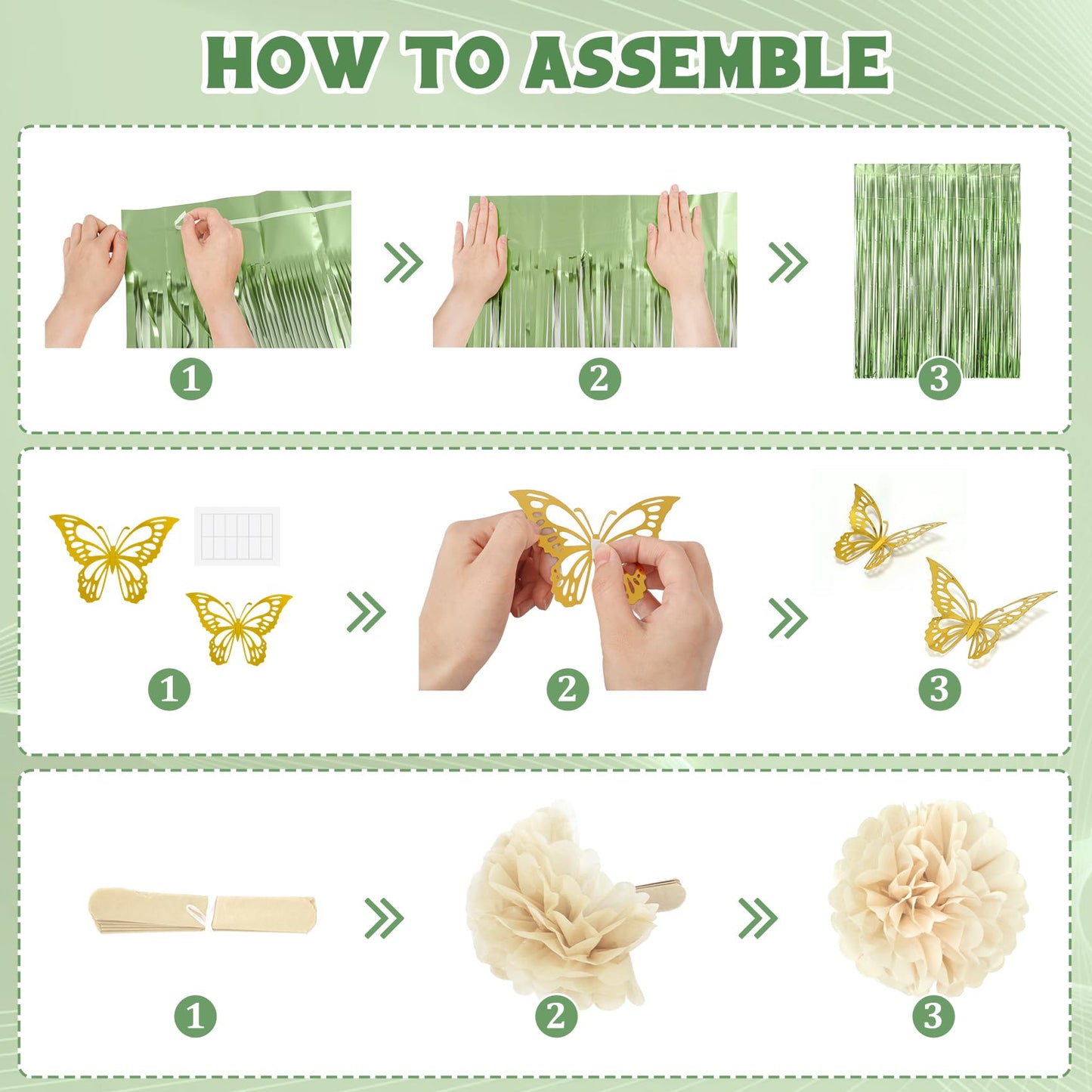 Ouddy Party Sage Green Birthday Decorations – Balloons, Fringe Curtain, Banners & Pompoms