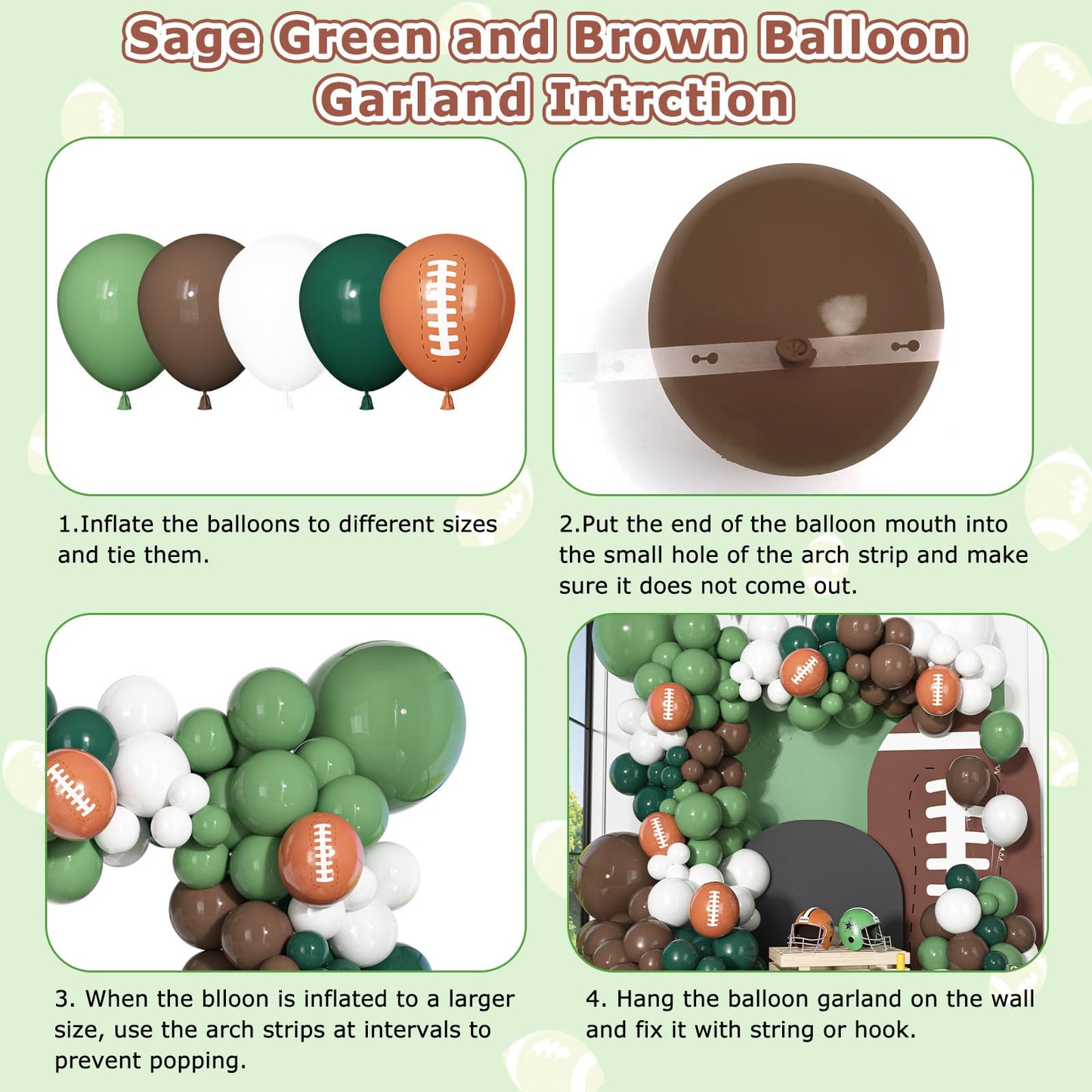 Ouddy Party 170Pcs Football Balloon Arch Kit — Sage Green, Brown, White for Sports Themed Parties