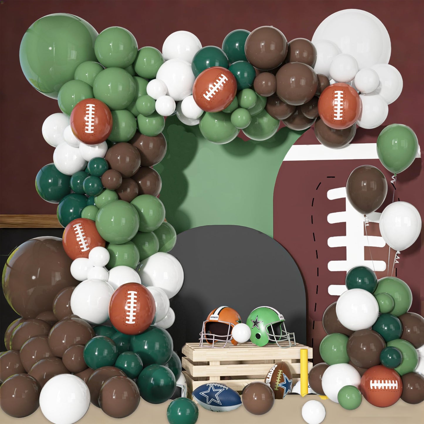 Ouddy Party 170Pcs Football Balloon Arch Kit — Sage Green, Brown, White for Sports Themed Parties