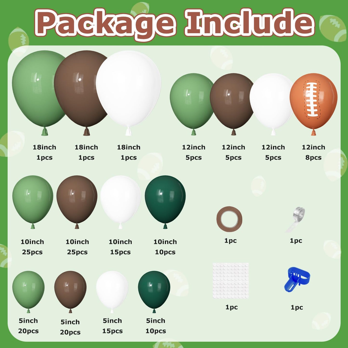 Ouddy Party 170Pcs Football Balloon Arch Kit — Sage Green, Brown, White for Sports Themed Parties