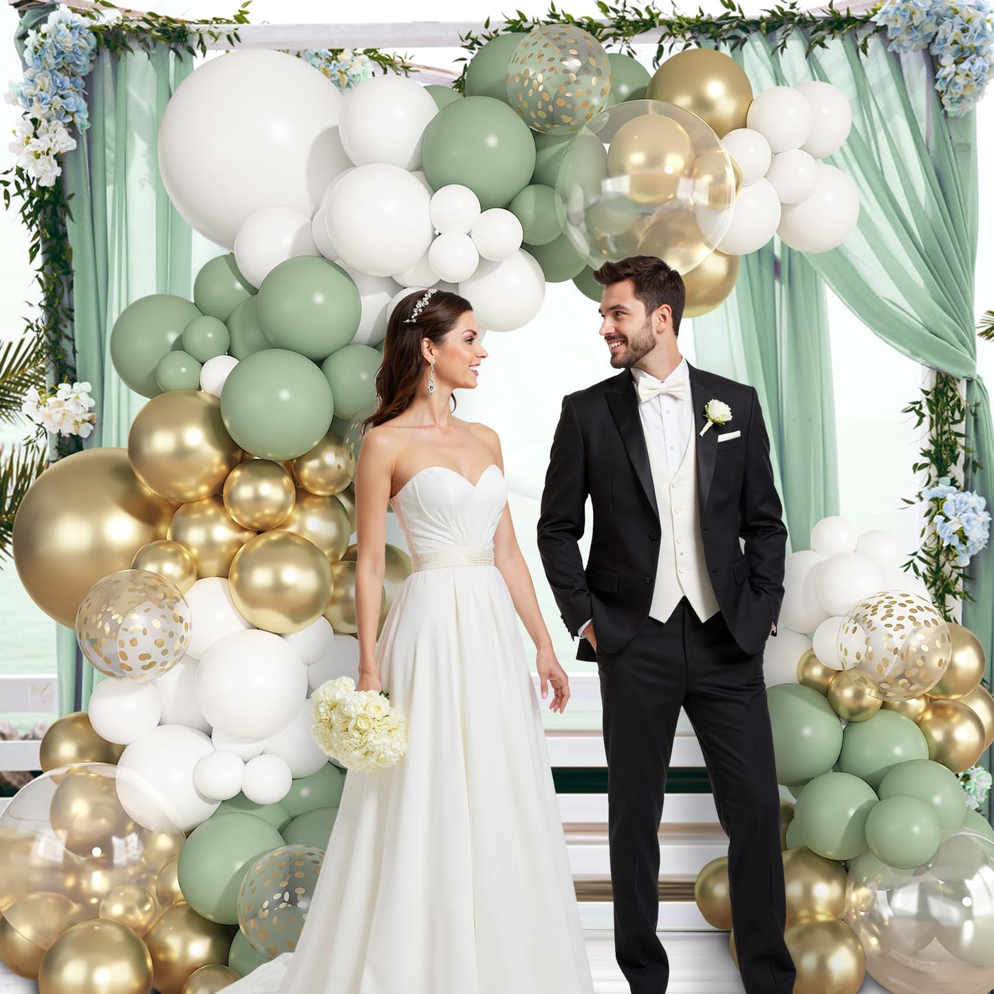 Ouddy Party Sage Green White Gold Balloon Arch Garland Kit – 149 Pcs + Confetti Balloons