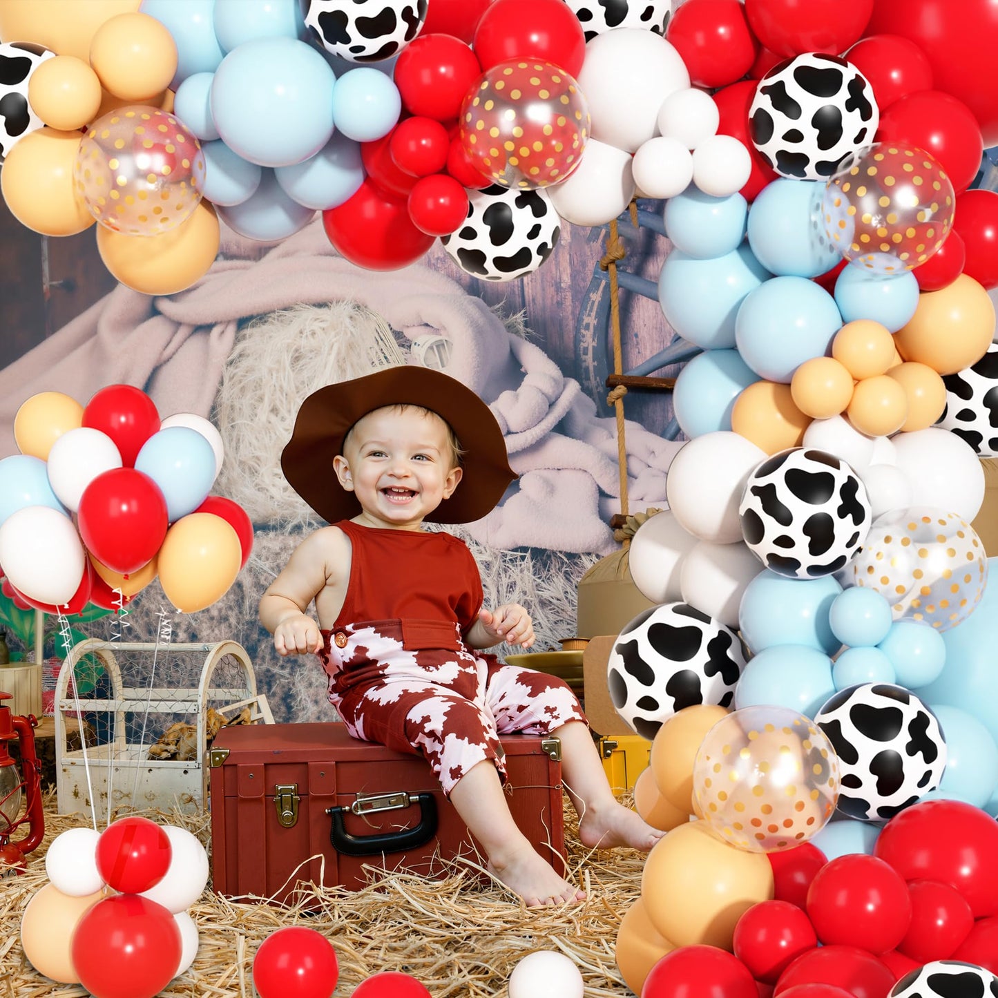 Ouddy Party 170Pcs Cowboy Western Balloons Arch Garland Kit | Red & Blue Cow Print Party Decor