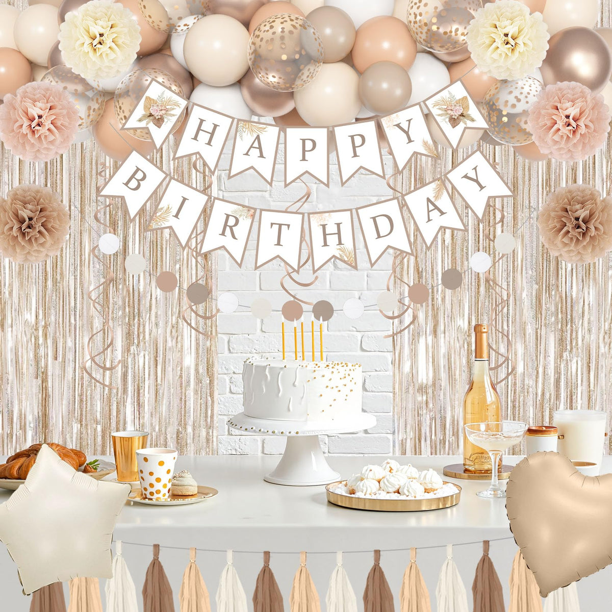 Ouddy Party Neutral Birthday Decorations for Women – Beige Cream Boho Balloon Kit