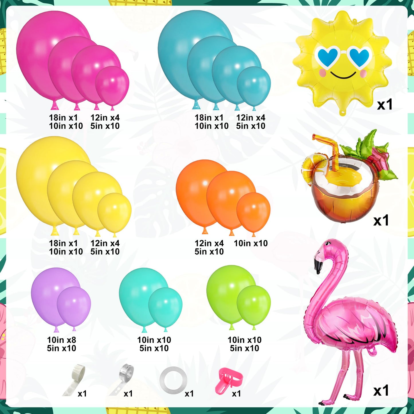 Ouddy Party 164Pcs Summer Tropical Balloon Arch Garland Kit | Hawaiian Luau, Baby Shower & Birthday Party Decorations