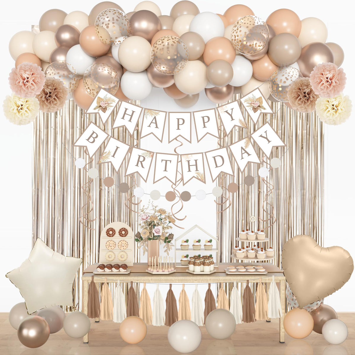 Ouddy Party Neutral Birthday Decorations for Women – Beige Cream Boho Balloon Kit