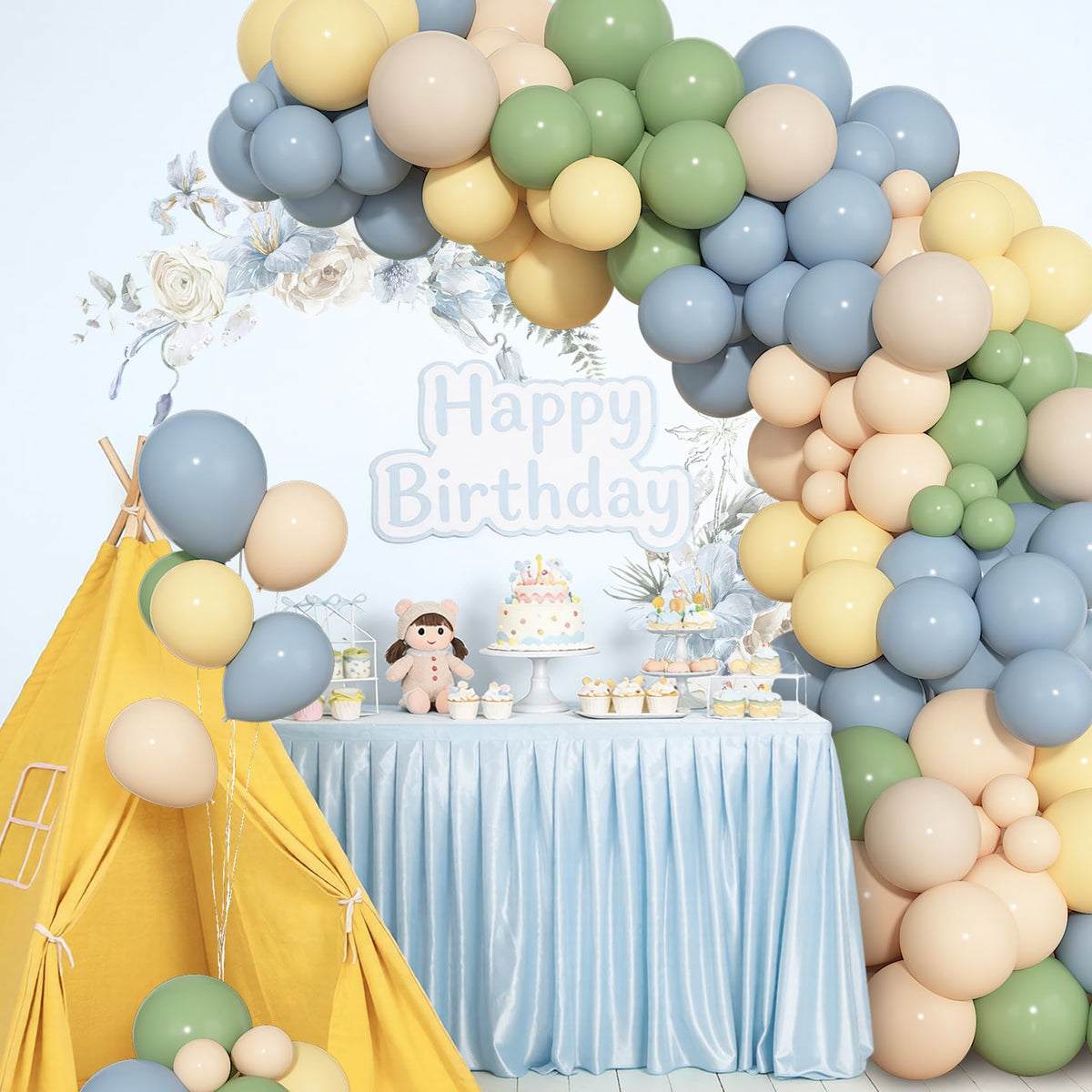 Ouddy Party 72pcs Green Dusty Blue Yellow Balloons Set – 12in Sage Green, Dusty Blue, Pastel Yellow, White Sand, Nude