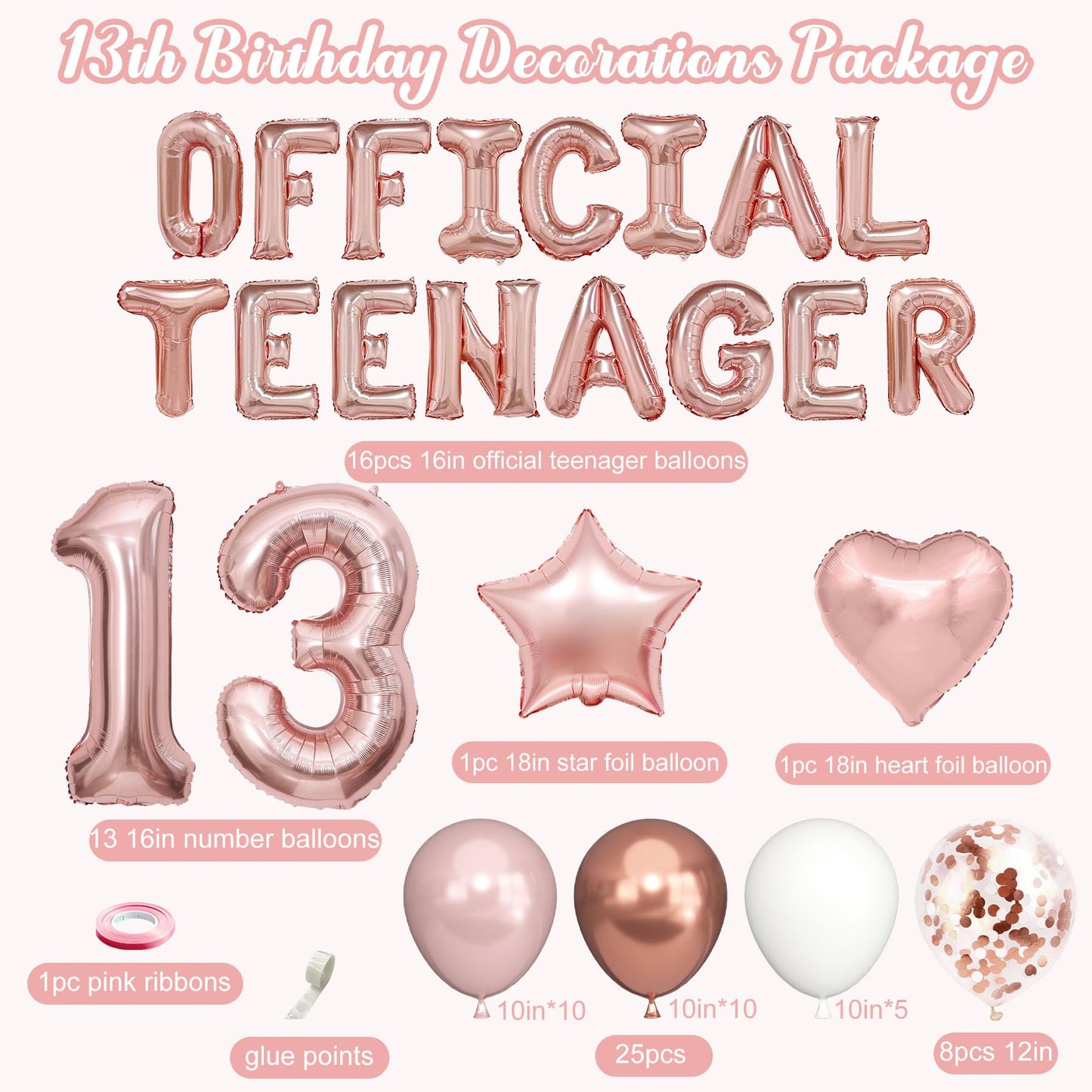 Ouddy Party 13th Birthday Decorations for Girls – Rose Gold Teenager Set