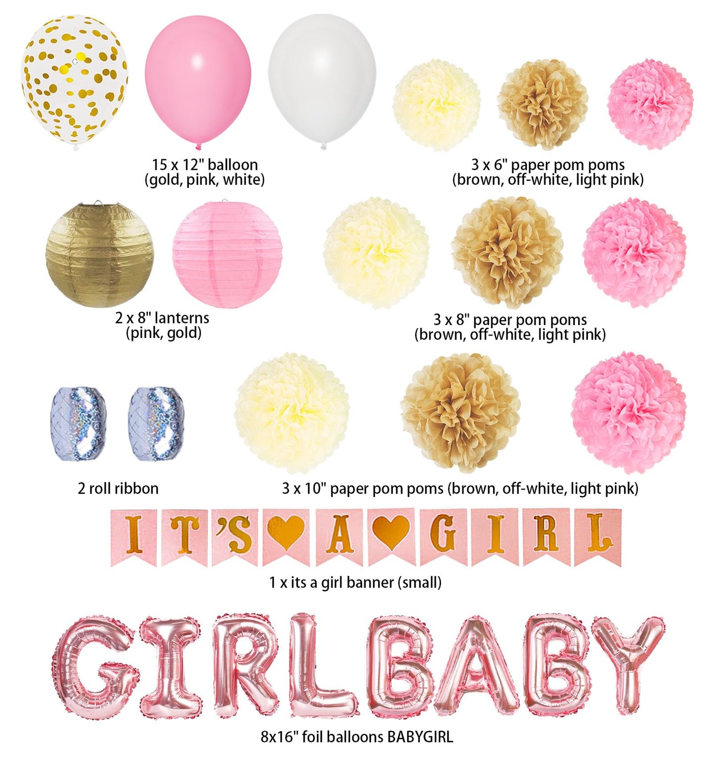 Ouddy Party Pink Baby Shower Decorations – It’s a Girl Banner, Pink Gold Balloons